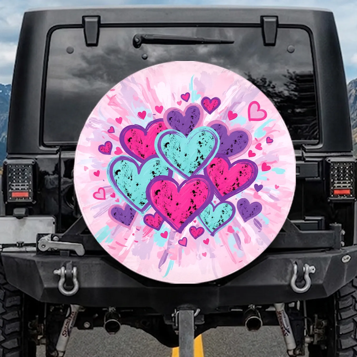 Fuchsia Aqua Purple Pink Lavender Multi-Size Hearts Cluster - Boho Lifestyle Gift Spare Tire Cover - 1