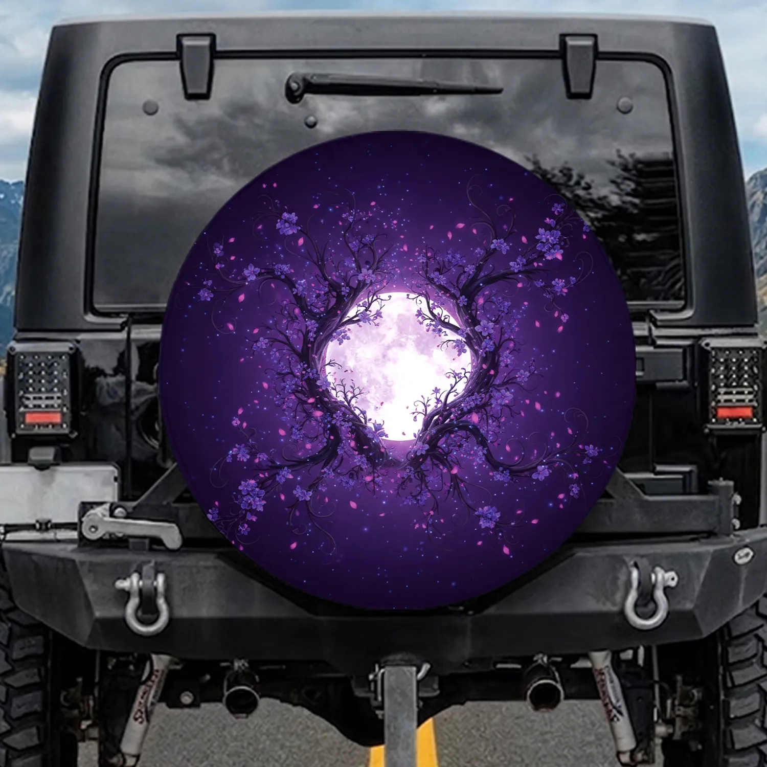 Full Moon Gnarled Branches Night Sky Purple Flowers - Moon Lover Gift Spare Tire Cover - 1