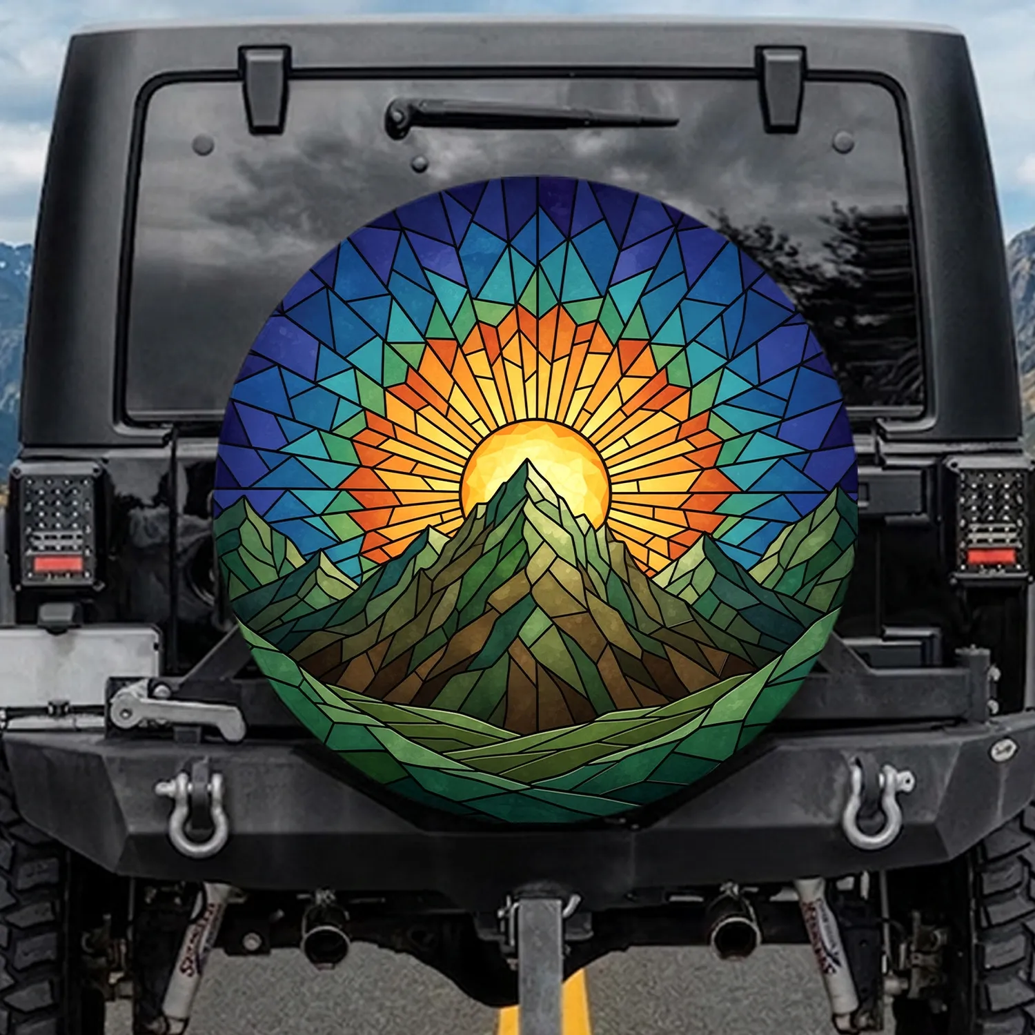 Sun Mountain Peaks Valleys Stained Glass Landscape - Outdoor Lifestyle Gift Spare Tire Cover - 1