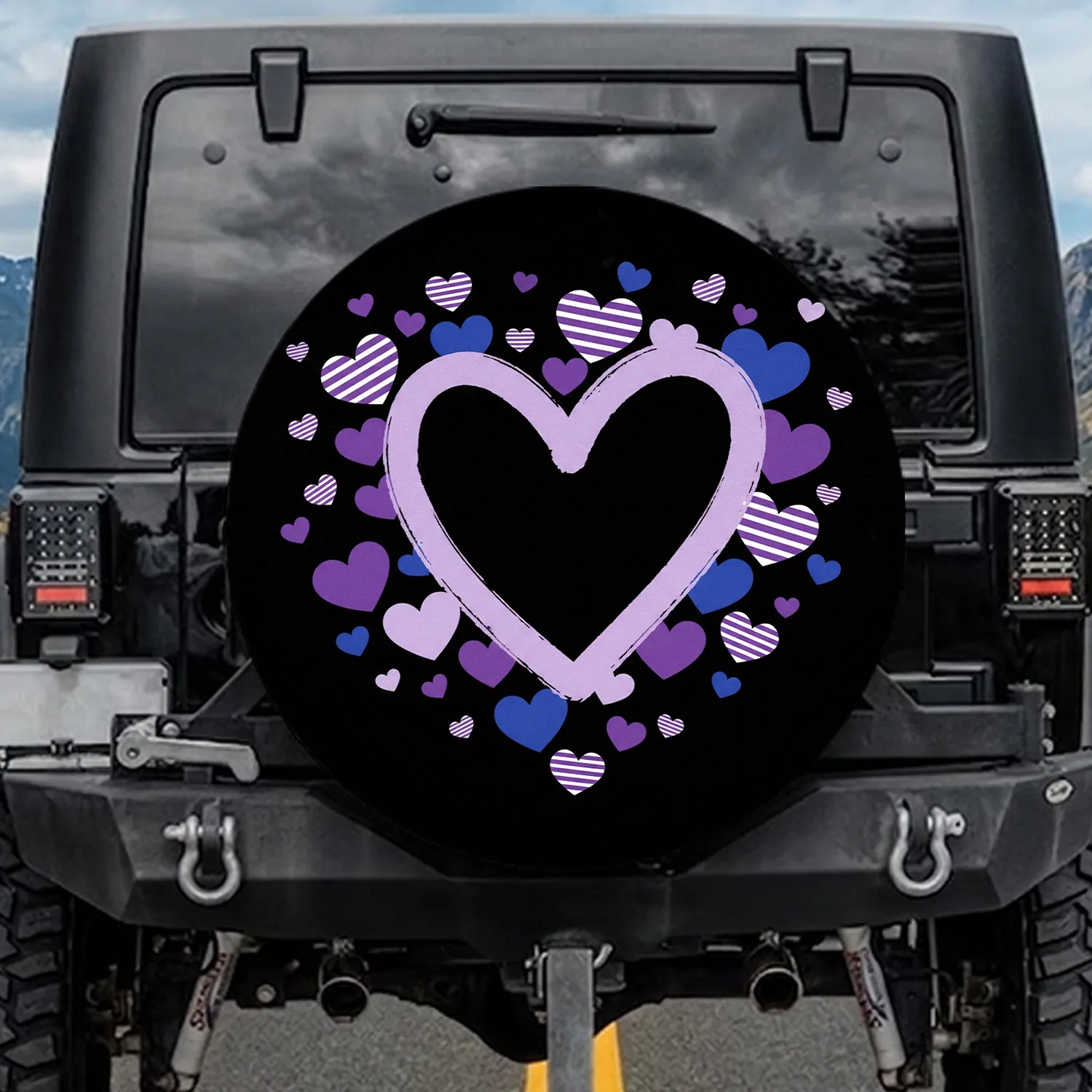 Lavender Heart Outline Scattered Purple Blue Hearts - Vehicle Decor Gift Spare Tire Cover - 1
