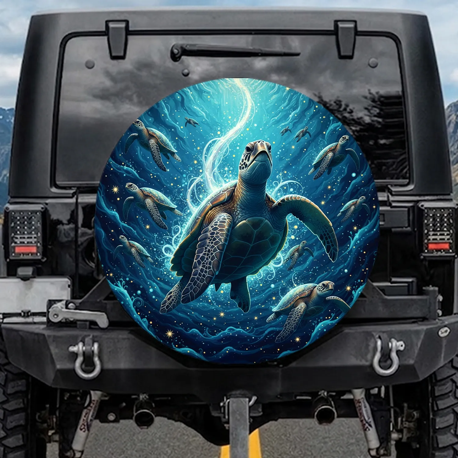 Majestic Sea Turtles Glowing Cosmic Deep Ocean - Wildlife Lover Gift Spare Tire Cover - 1
