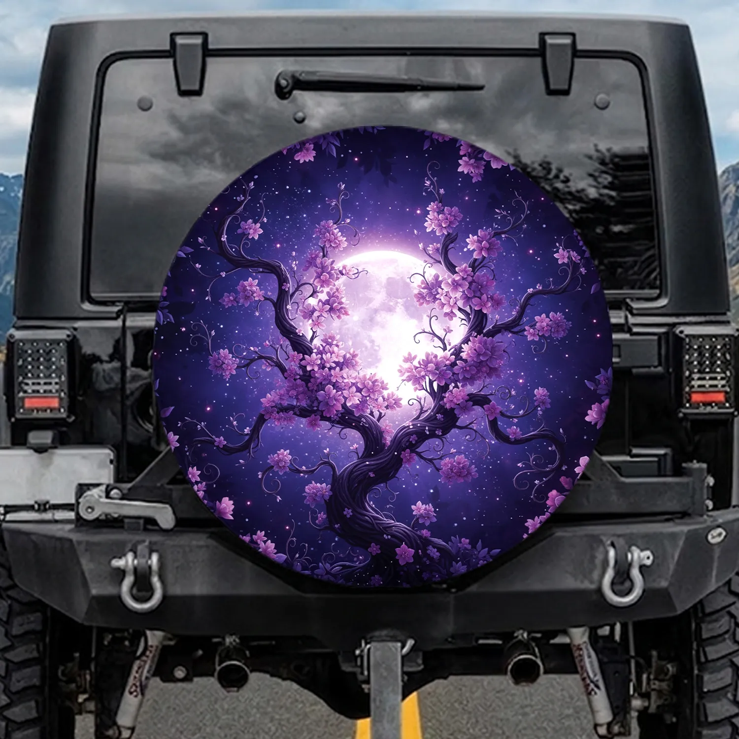 Luminous Full Moon Gnarled Branches Glowing Purple Flowers - Night Sky Decor Spare Tire Cover - 1