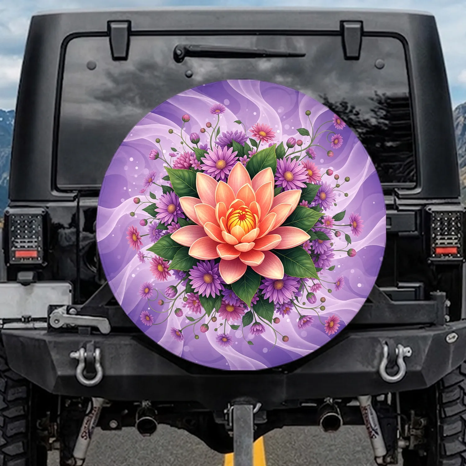 Orange Peach Water Lily Purple Daisy Flowers Green Foliage - Garden Lover Gift Spare Tire Cover - 1