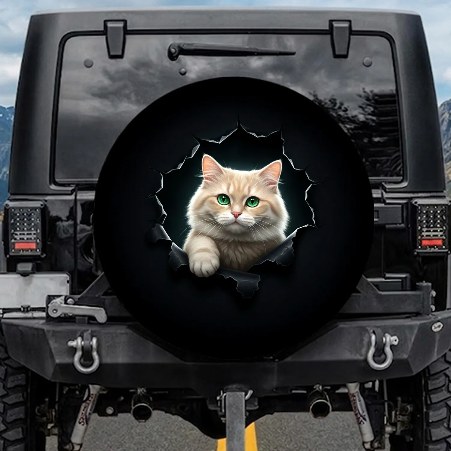 Fluffy Creamy Green Eye Cat Jagged Tear Black Void - Home Decor Cat Lover Gift Spare Tire Cover - 1
