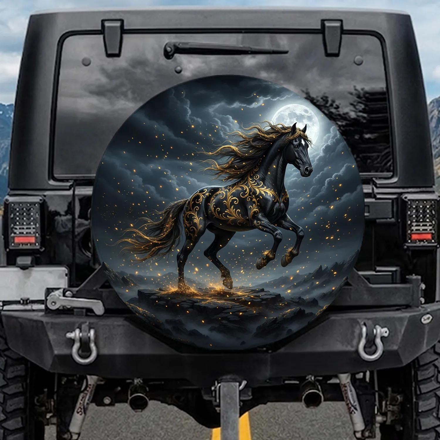 Majestic Black Horse Golden Baroque Full Moon Night Sky Rocky Terrain - Fantasy Lover Gift Spare Tire Cover - 1