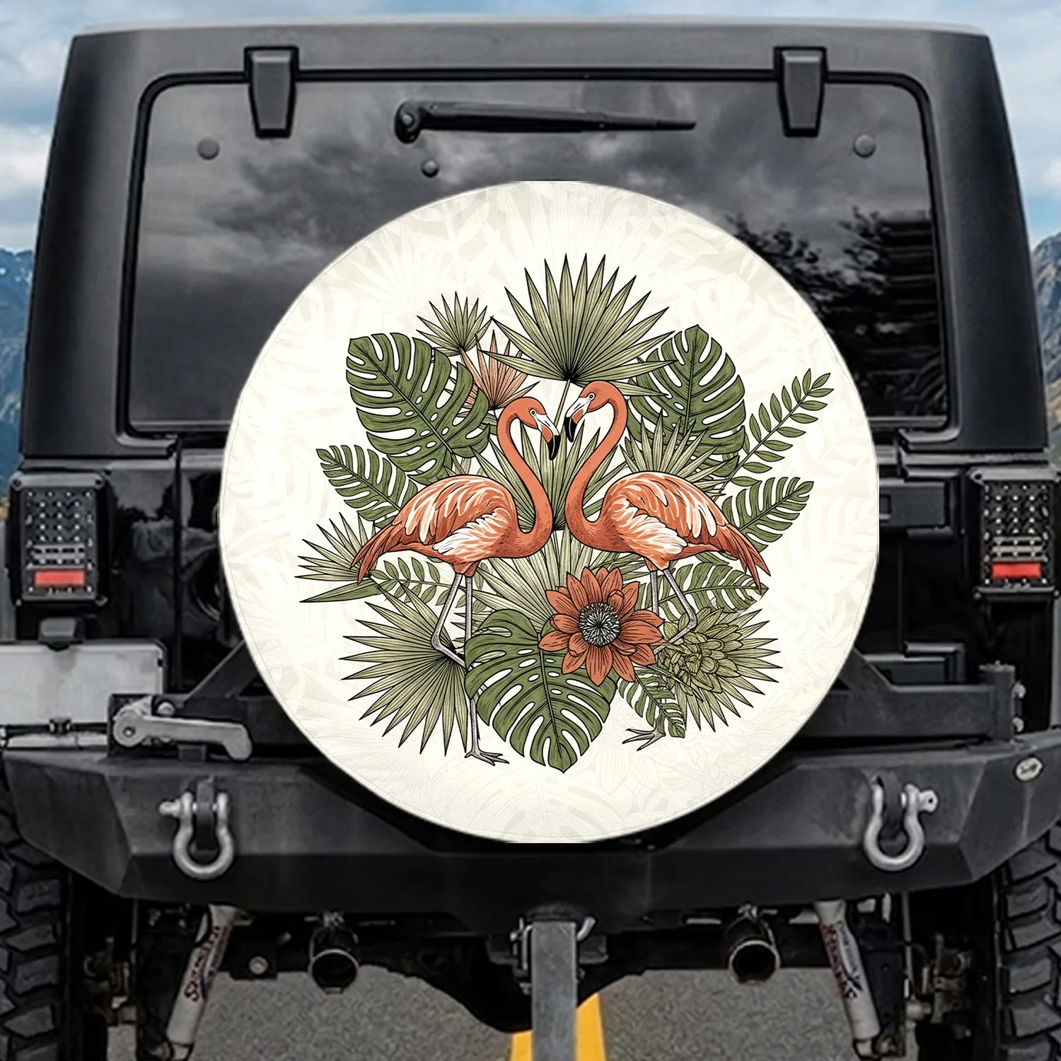 Flamingos Tropical Leaves Monstera Fan Palms - Outdoor Lifestyle Gift Spare Tire Cover - 1