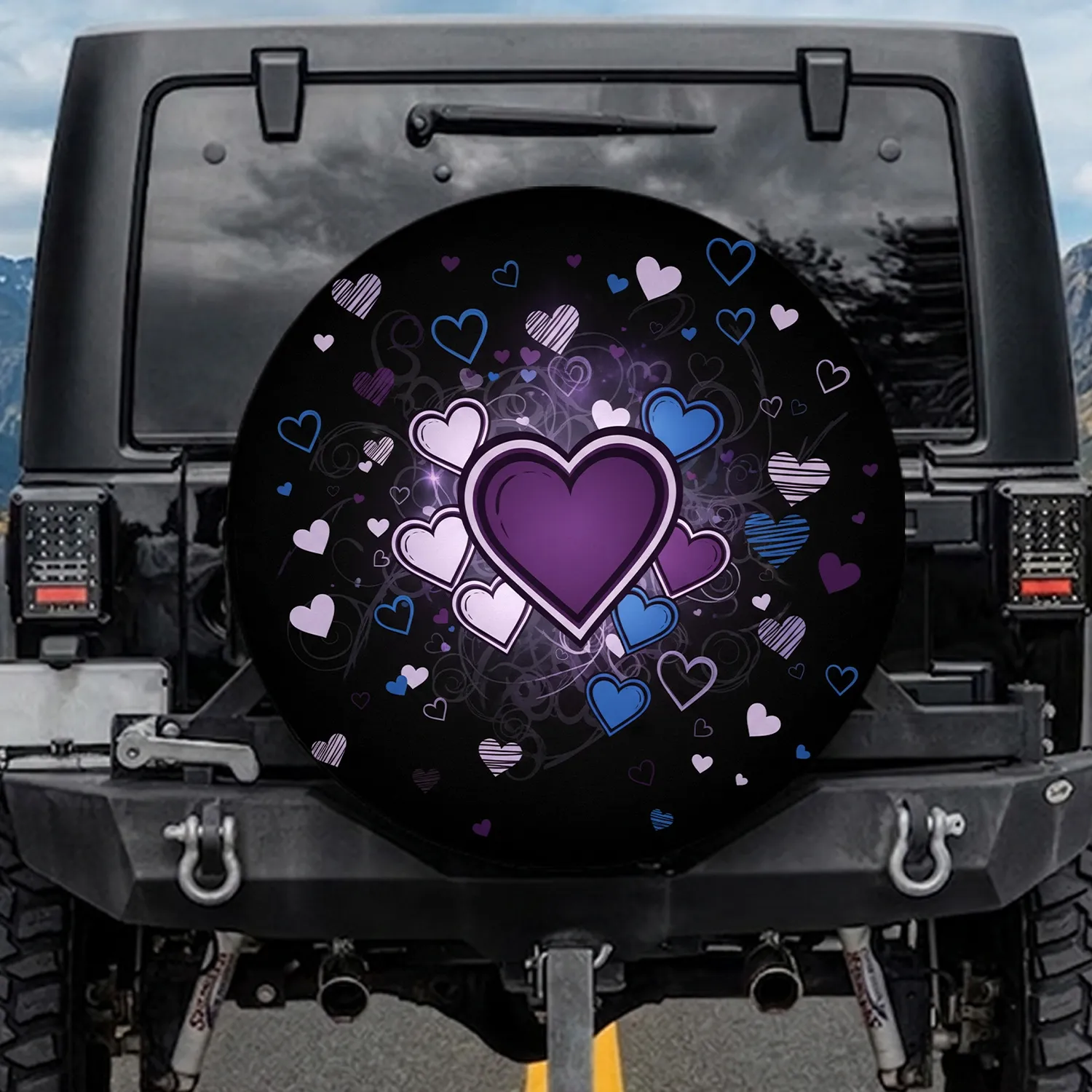 Black Background Outlined Purple Royal Blue Hearts, Scattered Heart Shapes - Heart Lover Gift Spare Tire Cover - 1