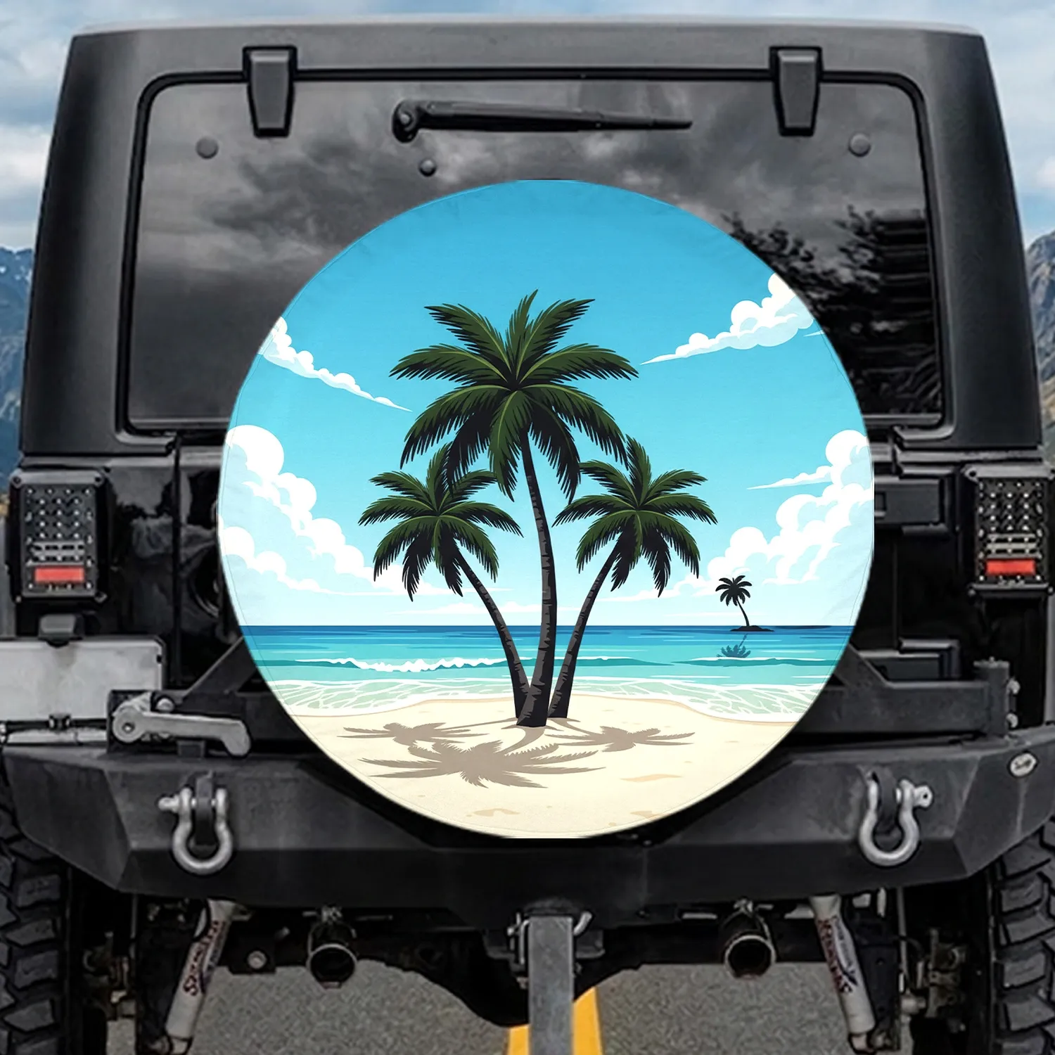 Sandy Beach Palm Trees Ocean Waves Aqua Blue Sky White Clouds - Tropical Travel Essential Gift Spare Tire Cover - 1