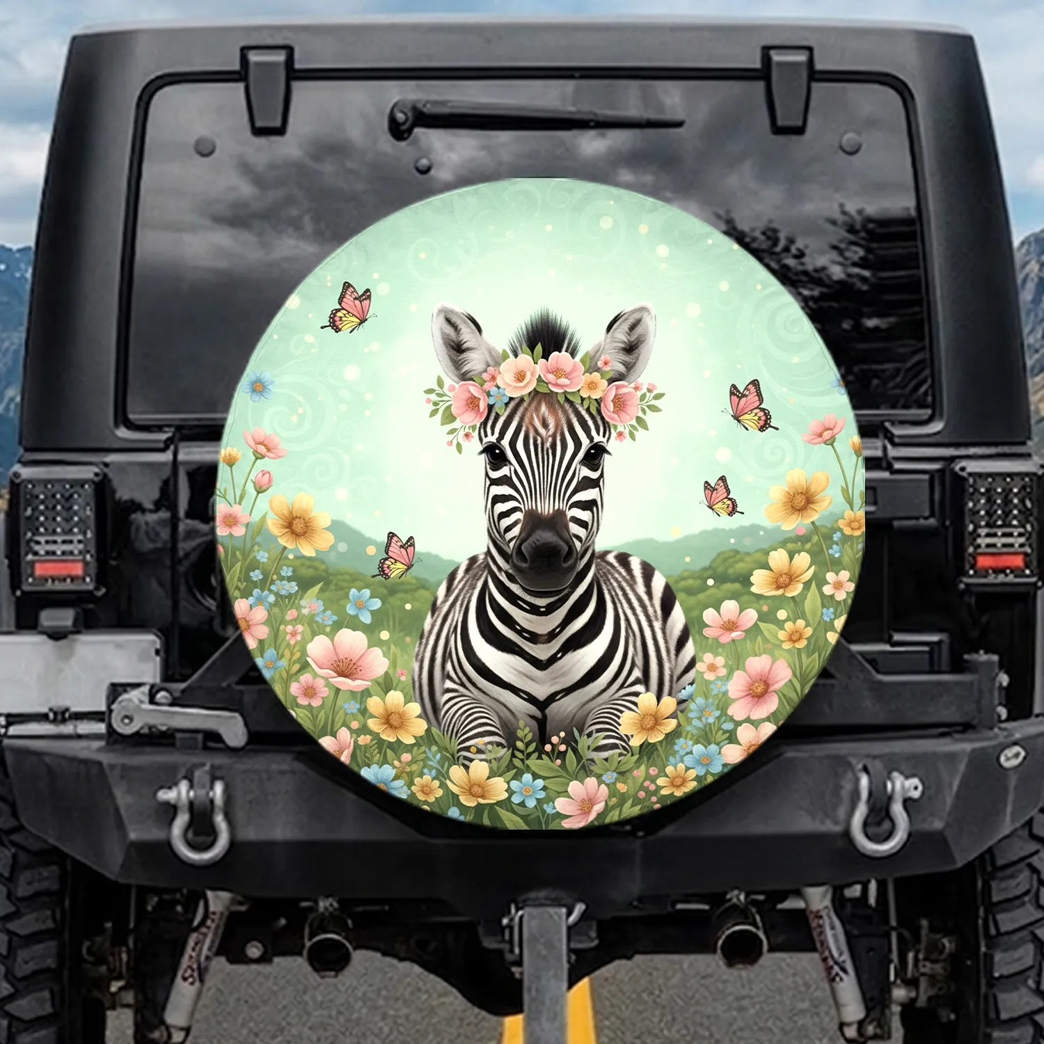 Baby Zebra Wildflower Crown Butterflies Meadow - Wildlife Lover Gift Spare Tire Cover - 1