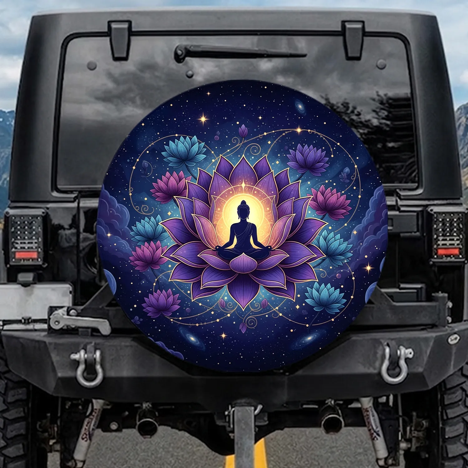 Purple Lotus Meditating Figure Cosmic Sky - Yoga Gift for Meditation Lover Spare Tire Cover - 1