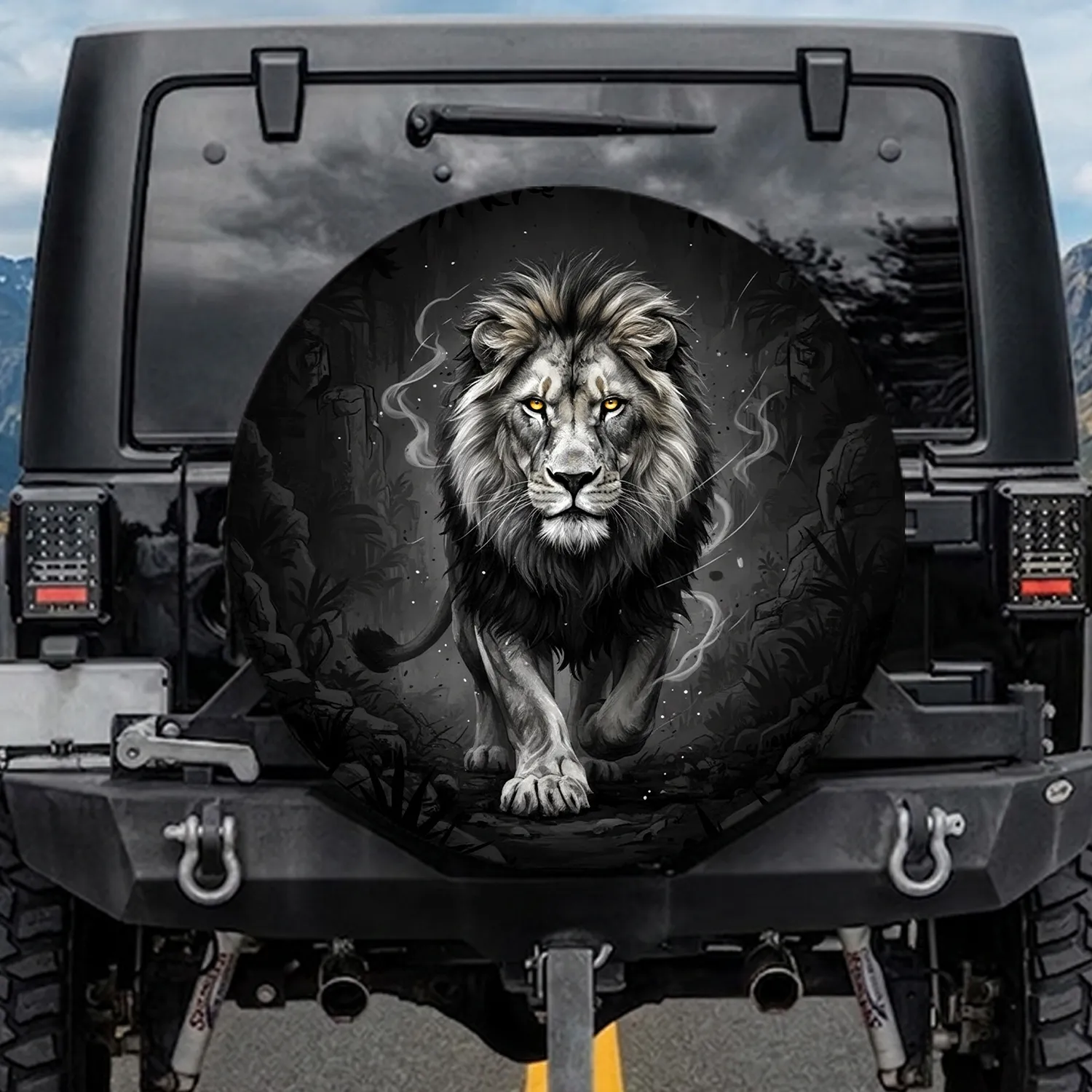 Male Lion Thick Mane Stride Glowing Eyes Smoke Jungle - Wildlife Lover Gift Spare Tire Cover - 1