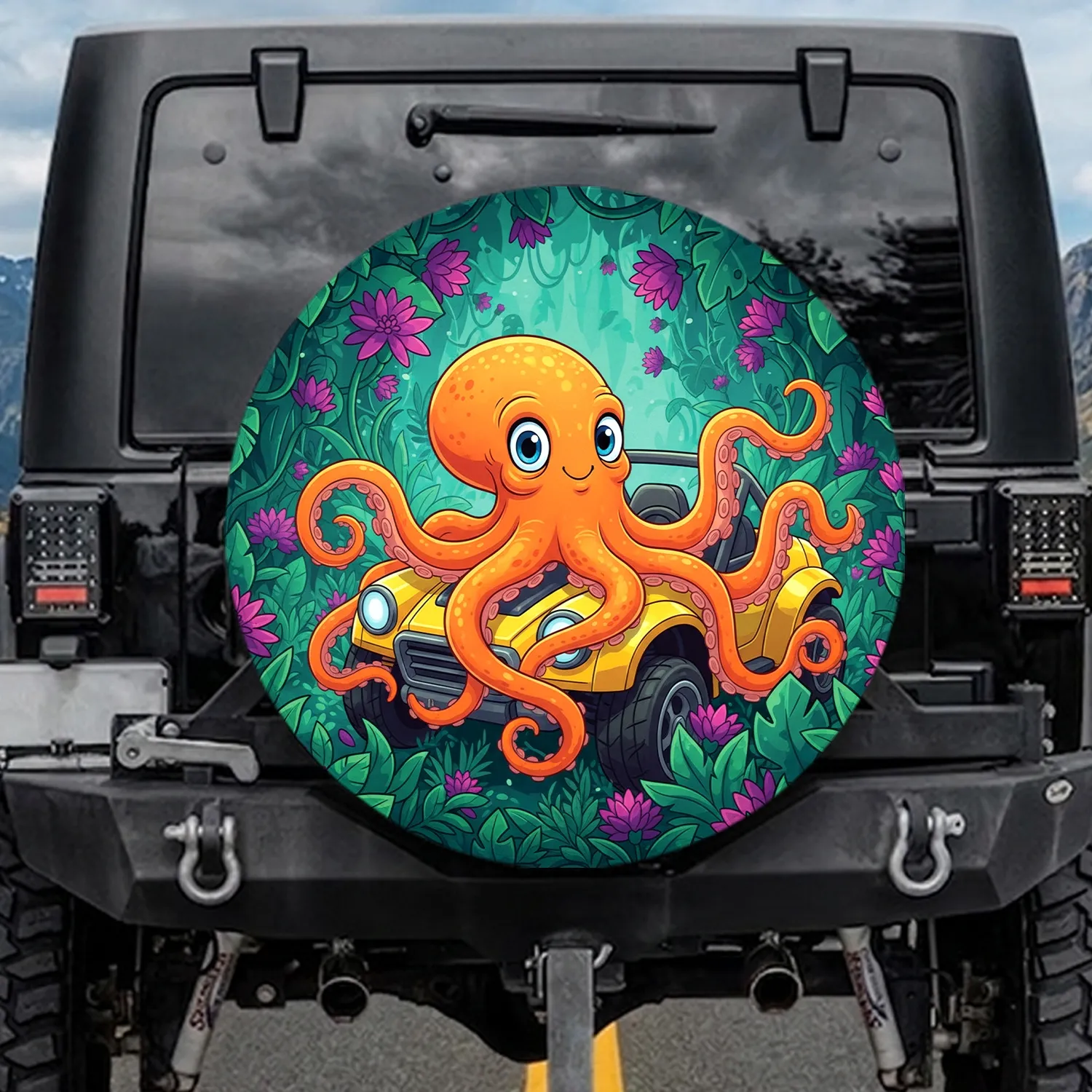 Orange Octopus Fantastical Jungle - Wildlife Lover Gift Spare Tire Cover - 1
