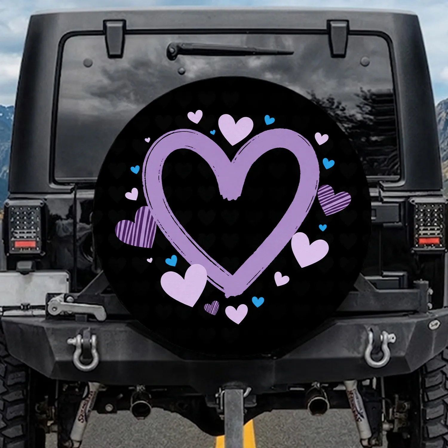 Purple Heart Outline Lavender Blue Hearts Silhouettes - Vehicle Decor Gift Spare Tire Cover - 1