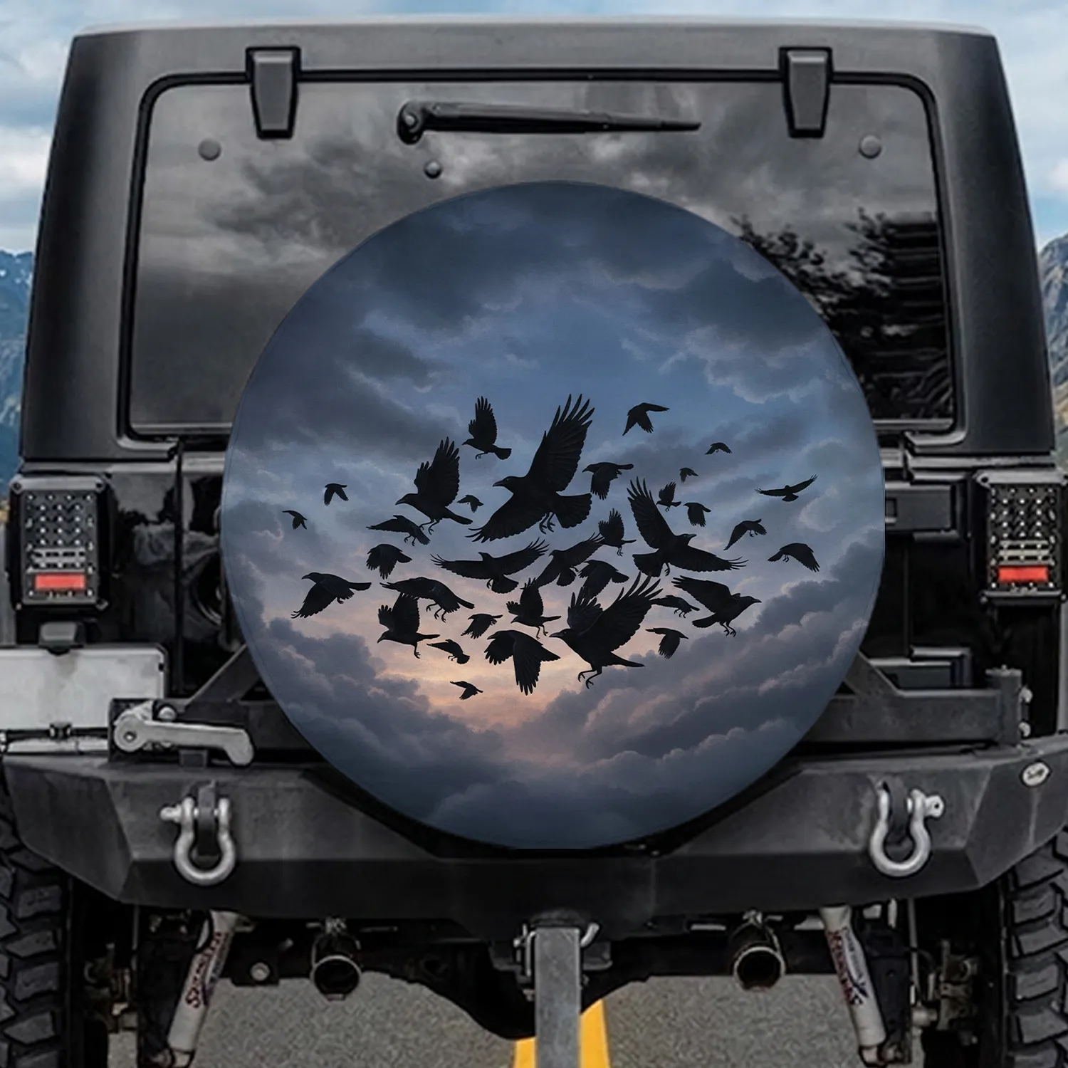 Realistic Flying Crows Deep Blue-Grey Twilight Sky - Wildlife Lover Gift Spare Tire Cover - 1