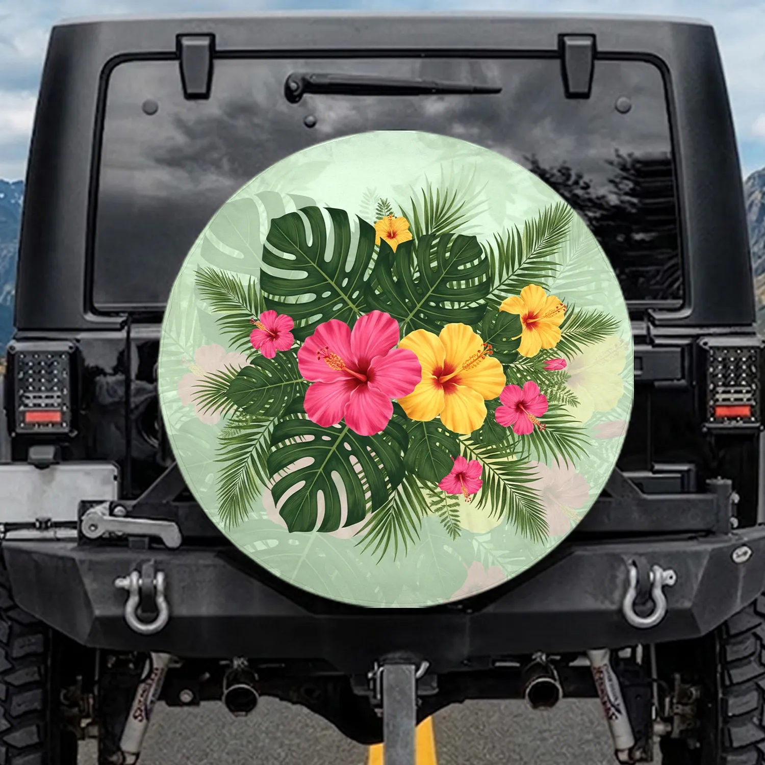 Tropical Hibiscus Flowers Monstera Leaves Palm Fronds - Outdoor Lifestyle Gift Spare Tire Cover - 1