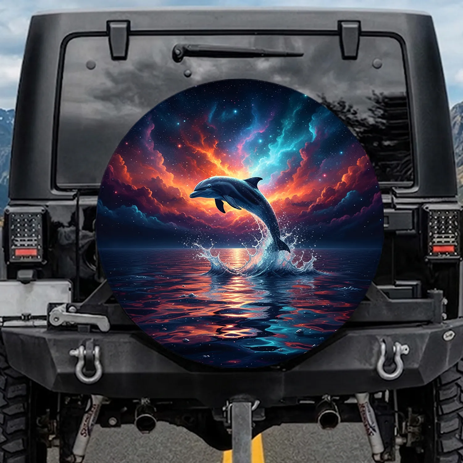 Dolphin Leaping Starlight Cosmic Nebula Ocean Reflection - Ocean Lover Gift Spare Tire Cover - 1