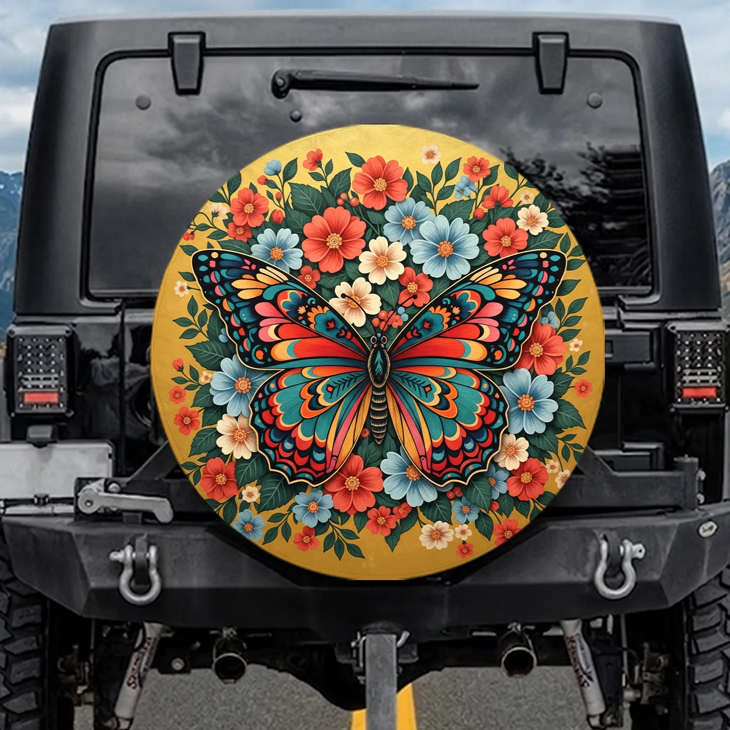 Butterfly Blooming Flowers - Boho Home Decor Gift for Nature Lover Spare Tire Cover - 1
