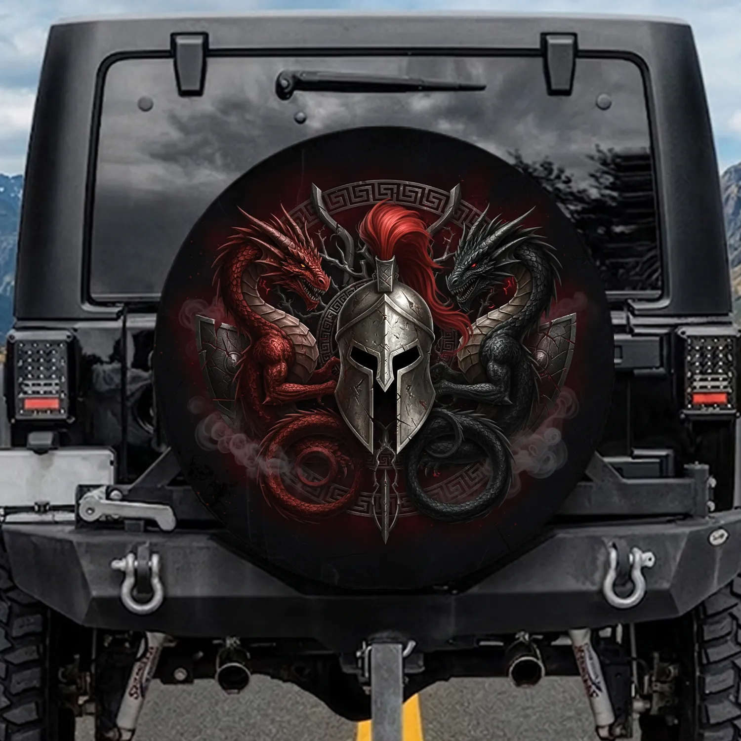 Ancient Guardian Dragons Spartan Helmet Greek Key - Epic Fantasy Decor Gift Spare Tire Cover - 1