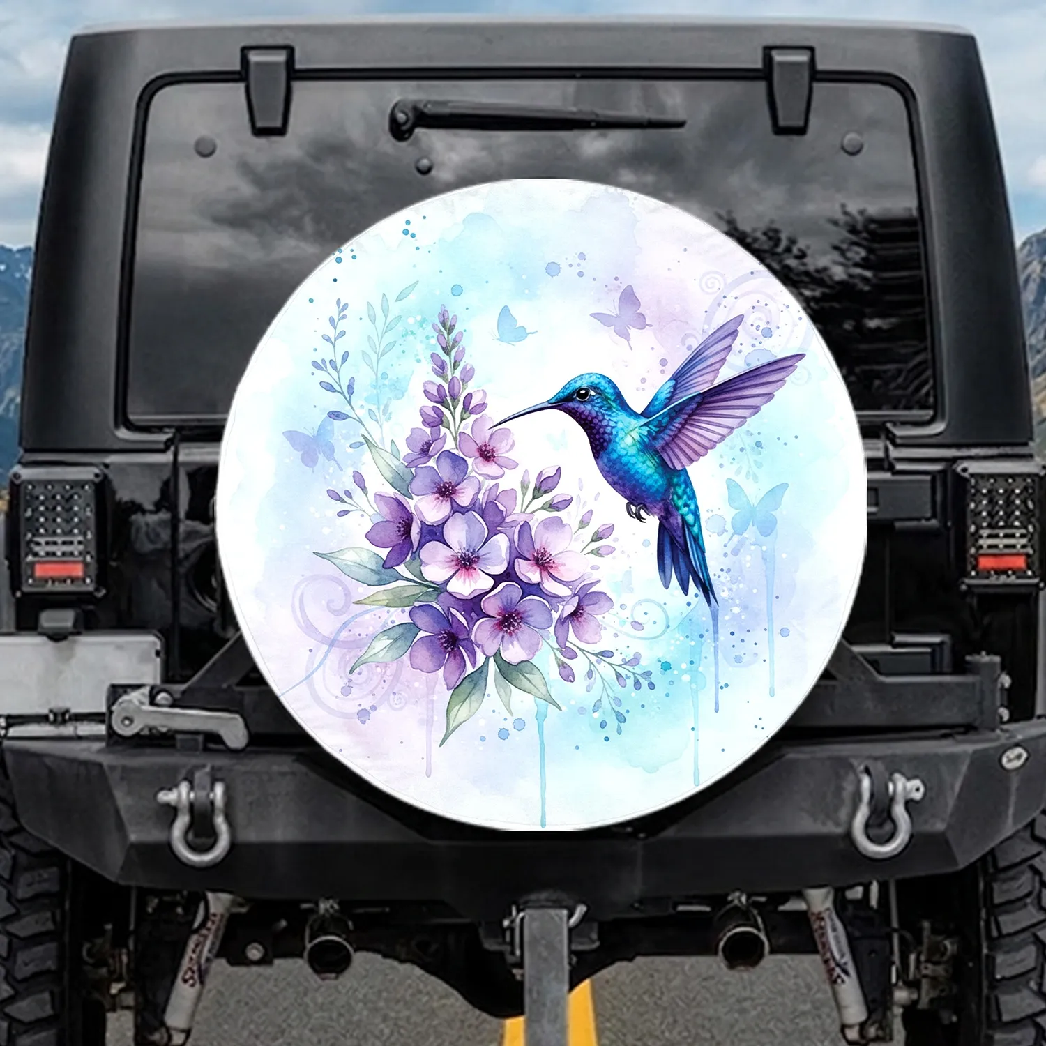 Blue Purple Hummingbird Lavender Flowers Butterflies - Wildlife Lover Gift for Garden Lover Spare Tire Cover - 1