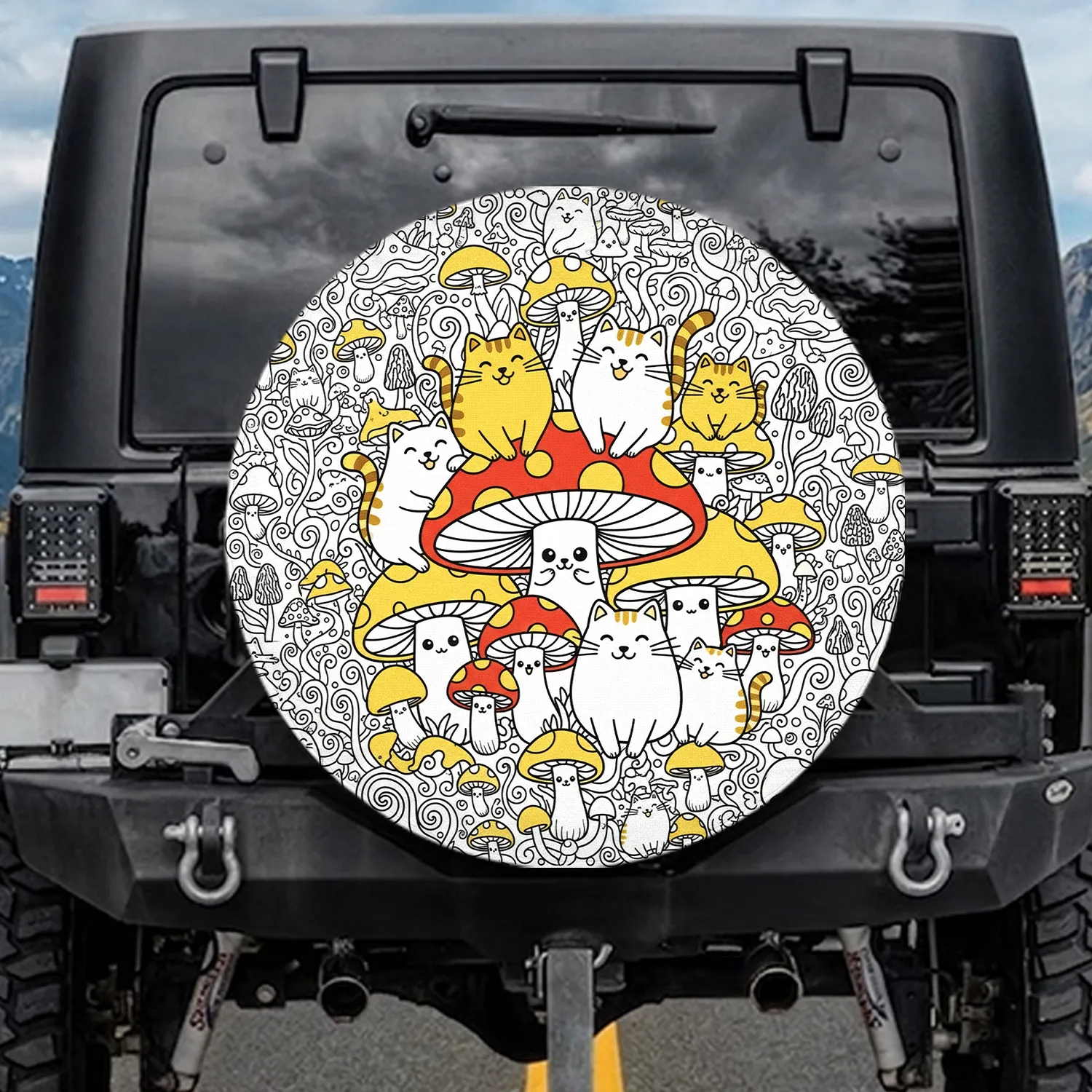 Cartoon Cats Mushrooms Botanical Fungi Vehicle Decor Gift for Cat Lover Spare Tire Cover - 1