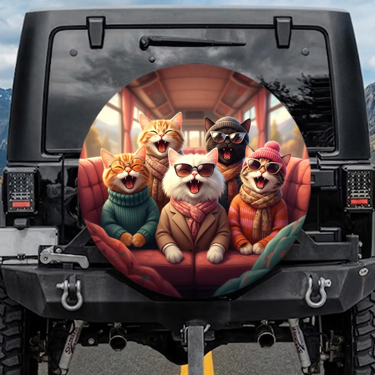 Singing Cats in Sweaters Sunglasses - Road Trip Essentials Cat Lover Gift Spare Tire Cover - 1