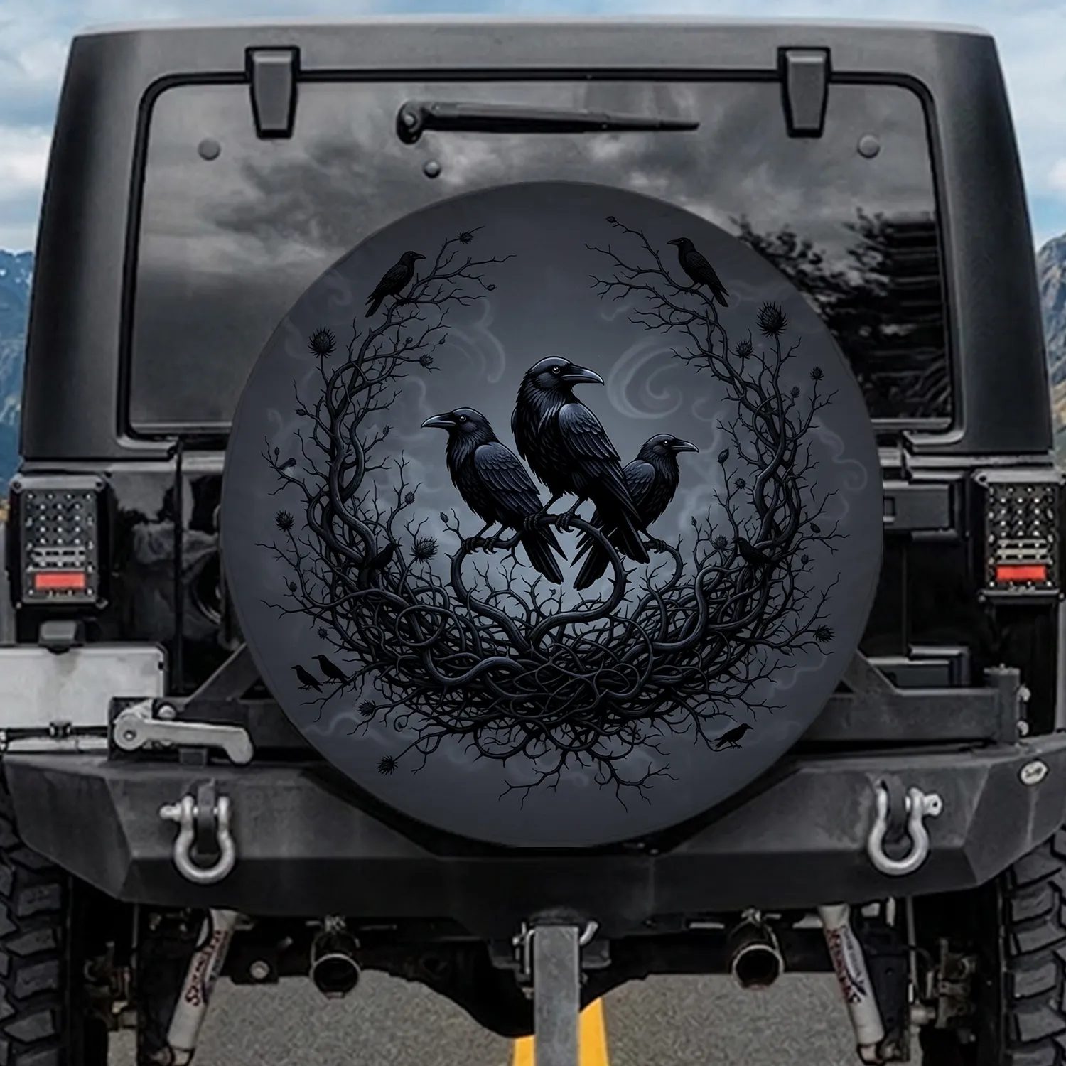 Raven Silhouettes on Twisted Thorny Thistle Branches - Wildlife Lover Gift for Bird Watcher Spare Tire Cover - 1