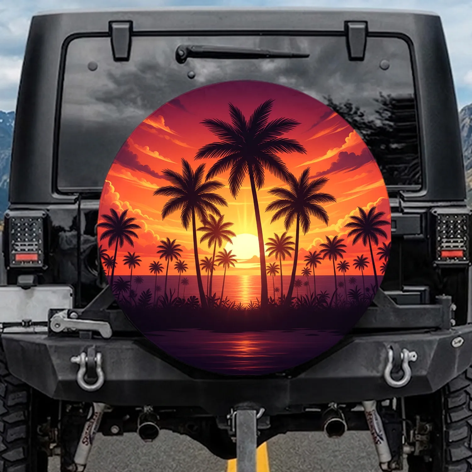 Silhouetted Palm Trees Ocean Sunset - Tropical Lifestyle Gift Spare Tire Cover - 1