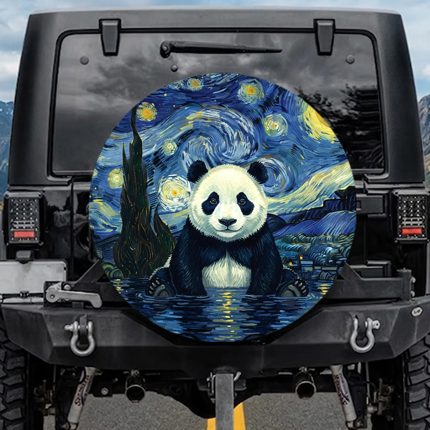 Panda Van Gogh Starry Night Swirling Celestial Sky - Wildlife Lover Gift Spare Tire Cover - 1