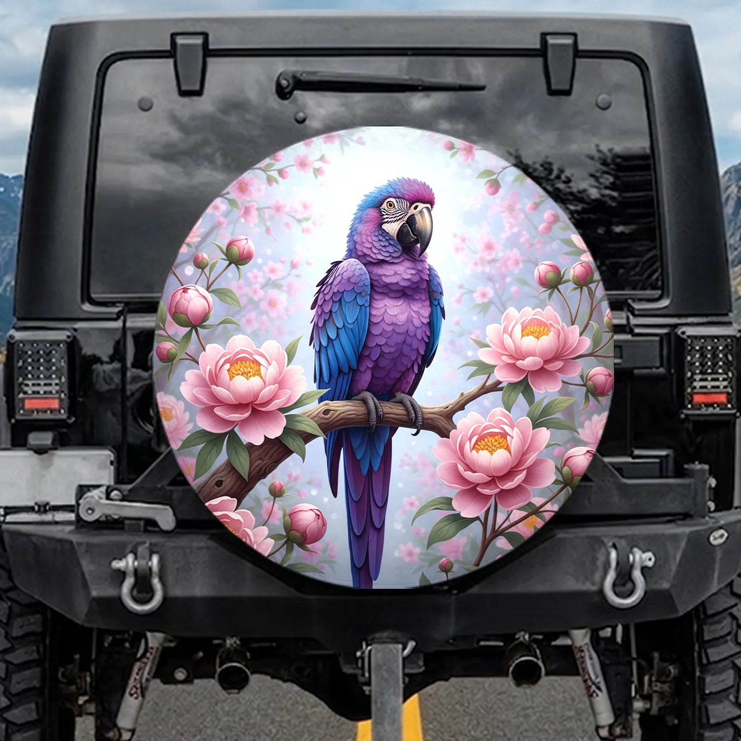 Purple Blue Macaw Parrot Pink Peonies - Wildlife Lover Gift for Bird Lover Spare Tire Cover - 1