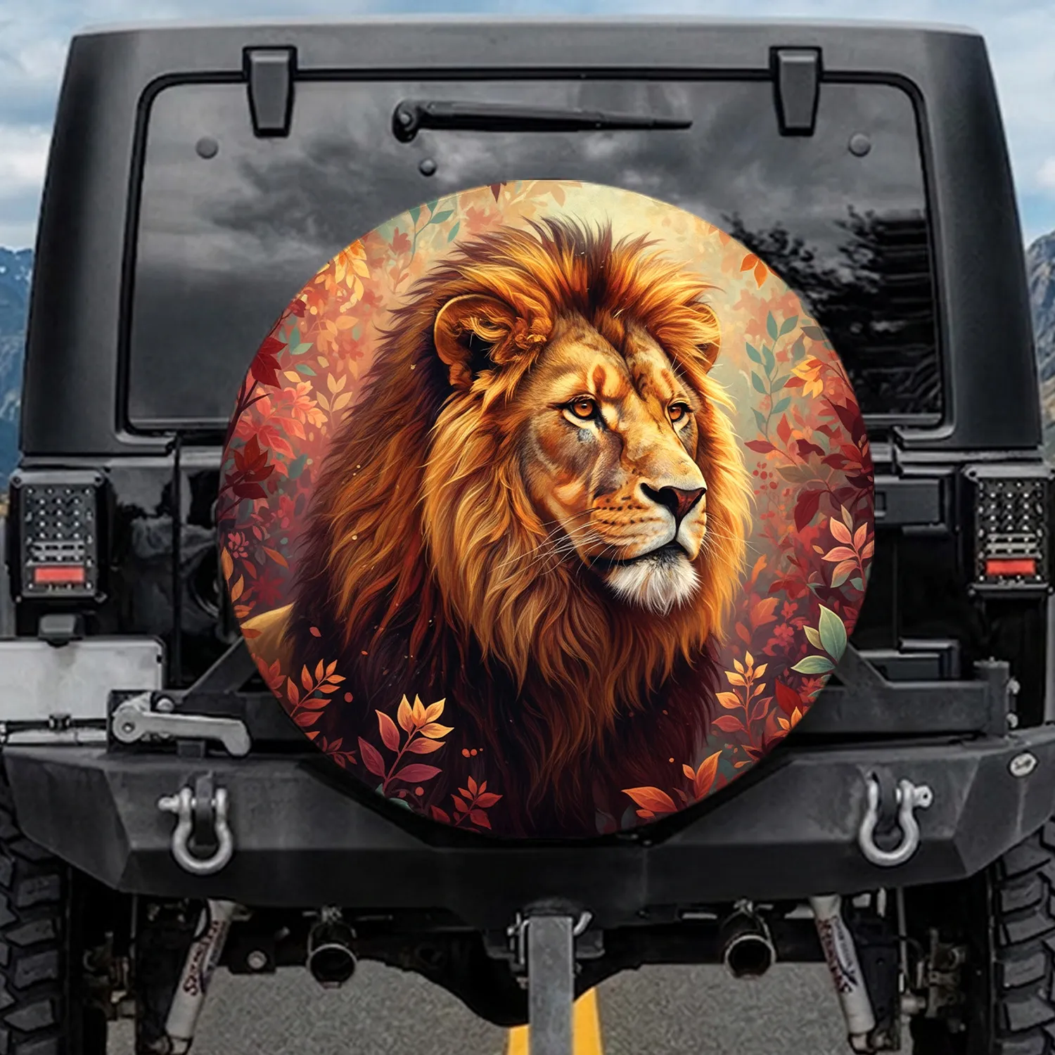 Proud Majestic Lion Profile Amber Eyes Vibrant Autumn Botanicals - Wildlife Lover Gift Spare Tire Cover - 1