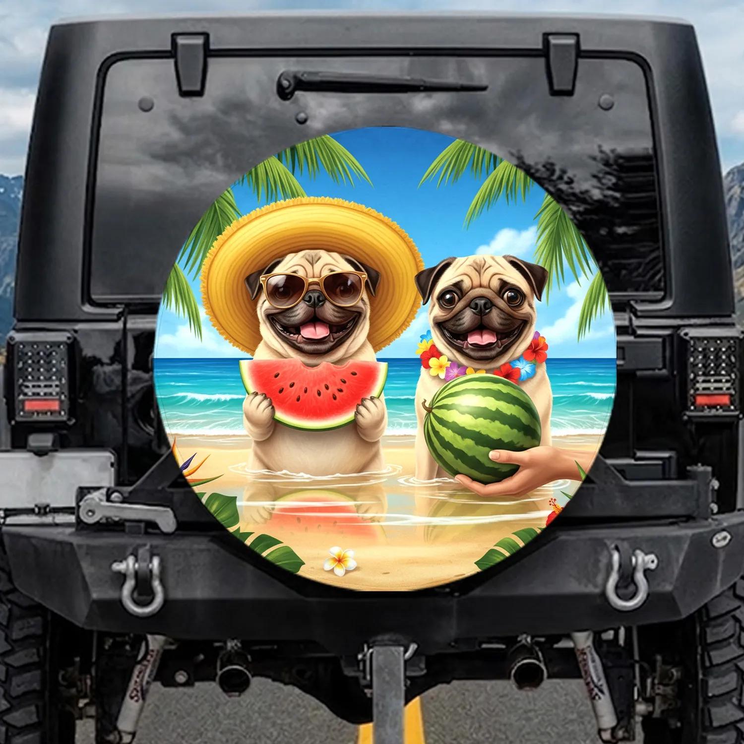 Pugs Watermelon Tropical Beach - Outdoor Travel Gift for Pug Lovers Spare Tire Cover - 1