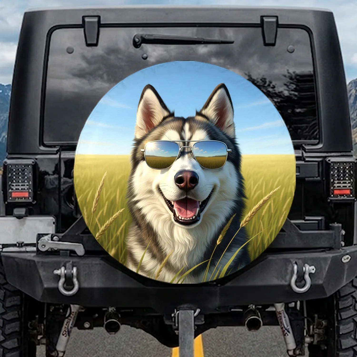 Alaskan Husky Sunglasses Golden Grass Field Blue Sky - Outdoor Dog Lover Gift Spare Tire Cover - 1