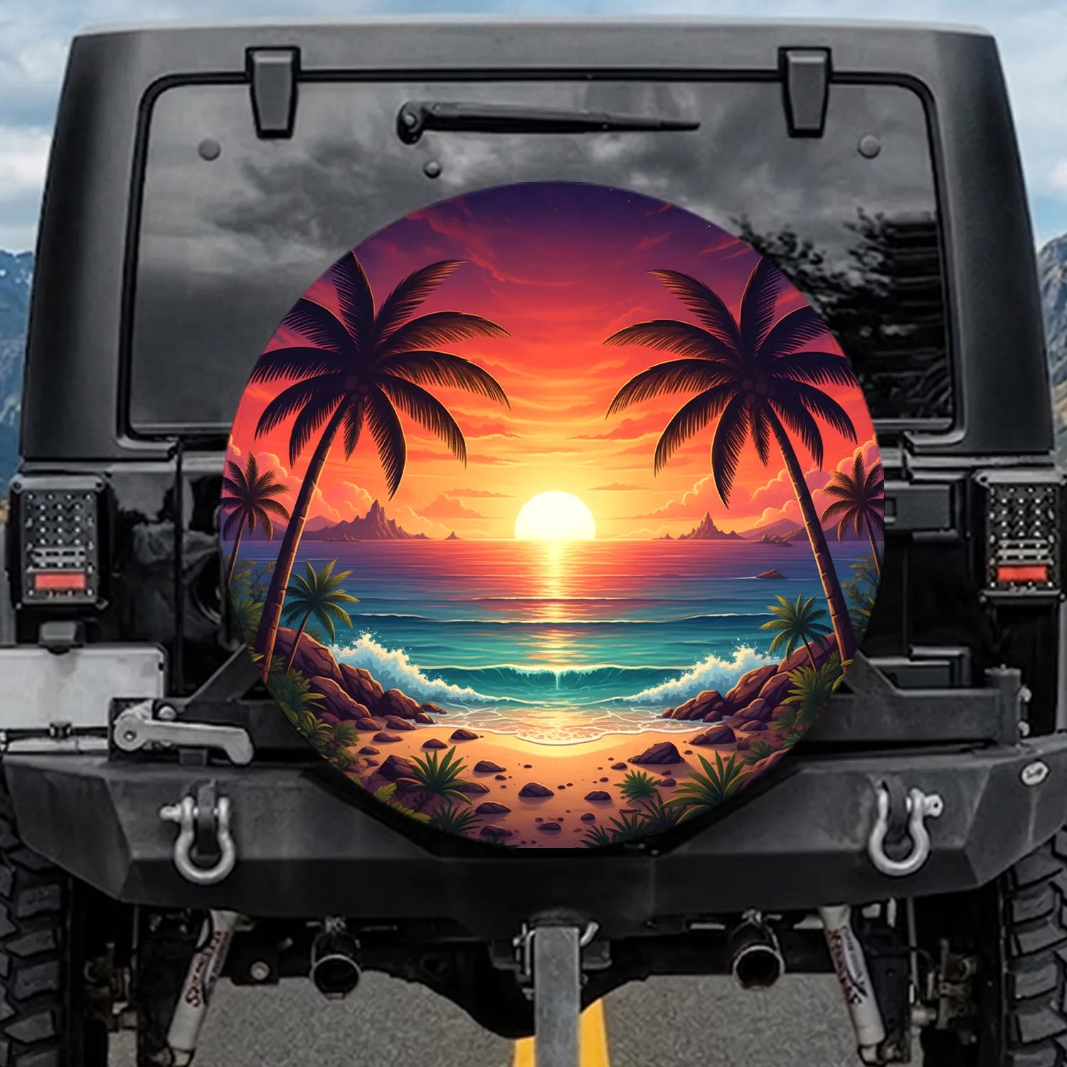 Tropical Sunset Palm Trees Ocean Beach Coastal Island - Adventure Travel Gift for Travelers Spare Tire Cover - 1
