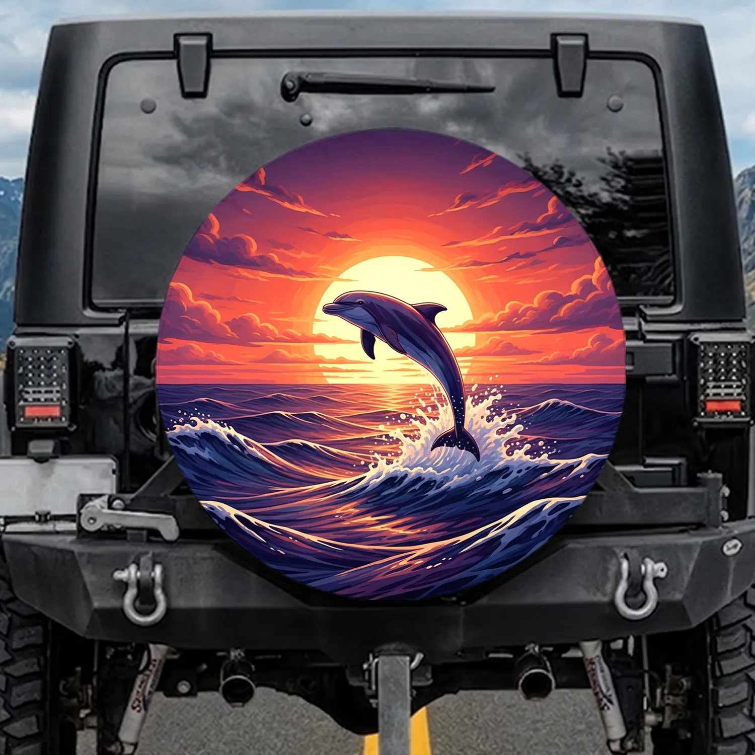 Dolphin Mid-Leap Foamy Ocean Waves Fiery Sunset Sky - Marine Life Lover Gift Spare Tire Cover - 1