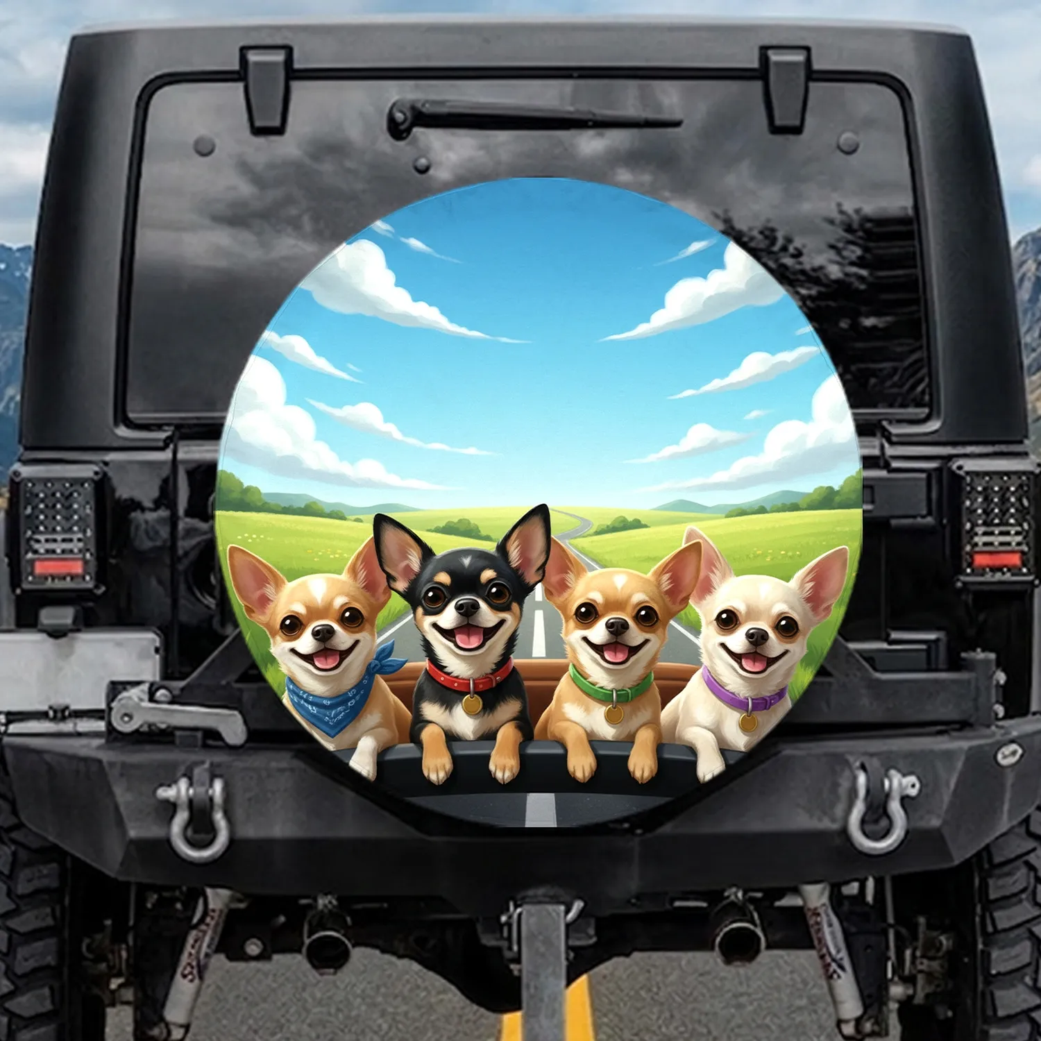 Chihuahuas Road Trip Landscape - Travel Essentials Dog Lover Gift Spare Tire Cover - 1