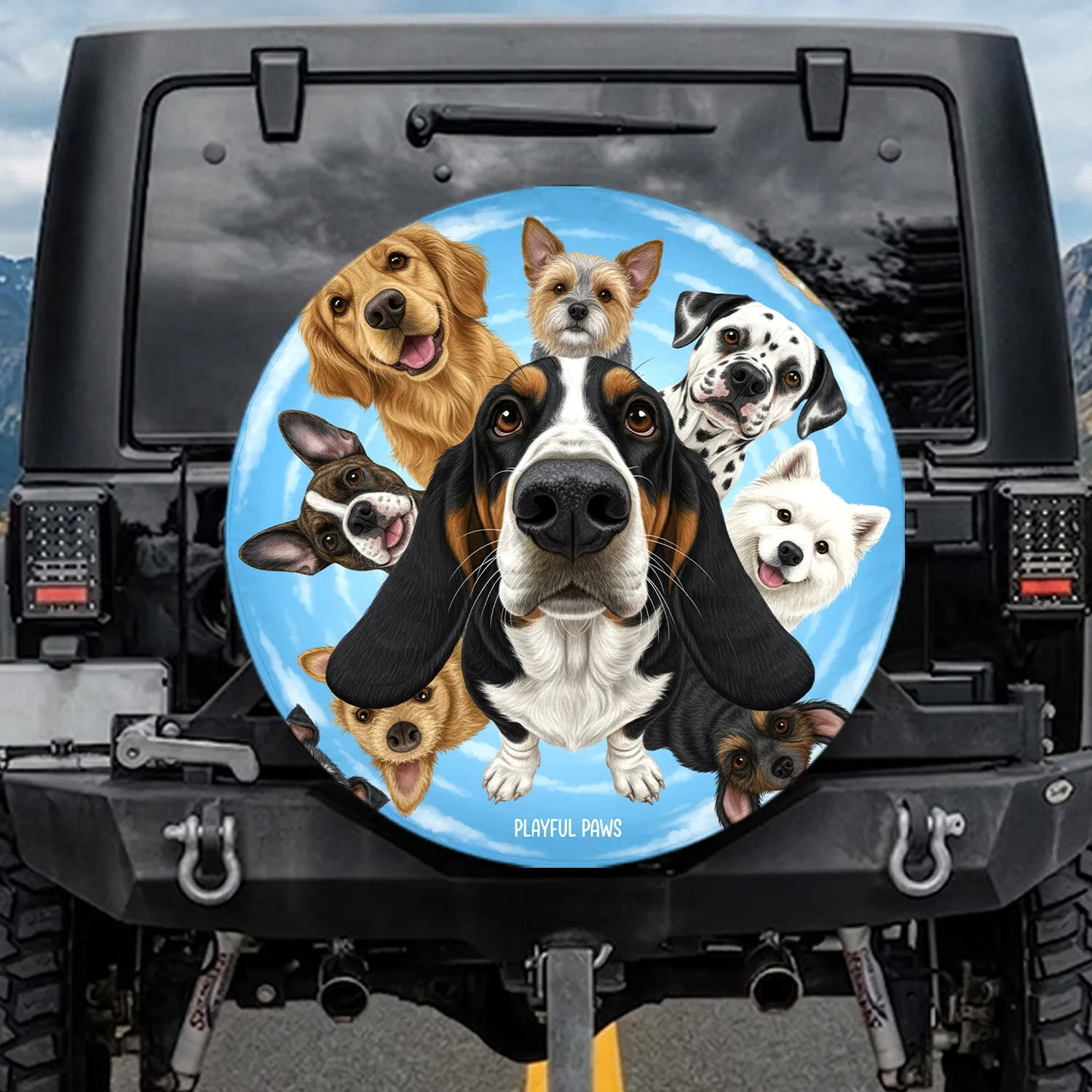 Premium Realistic Black White Dog Diverse Dogs Wide-Angle Sky Clouds - Dog Lover Gift Spare Tire Cover - 1