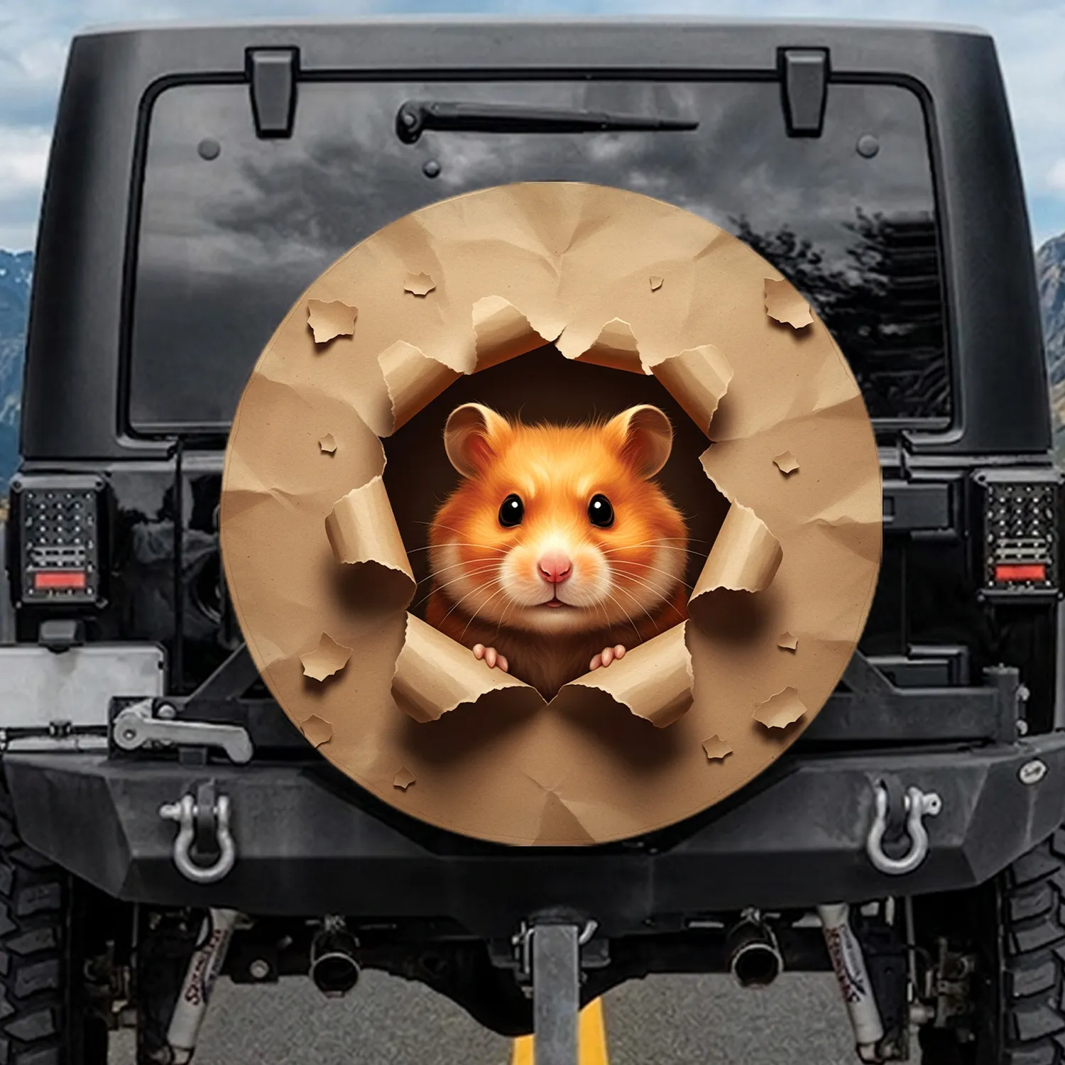 Hamster Peeking Torn Kraft Paper - Wildlife Lover Gift for Pet Owners Spare Tire Cover - 1
