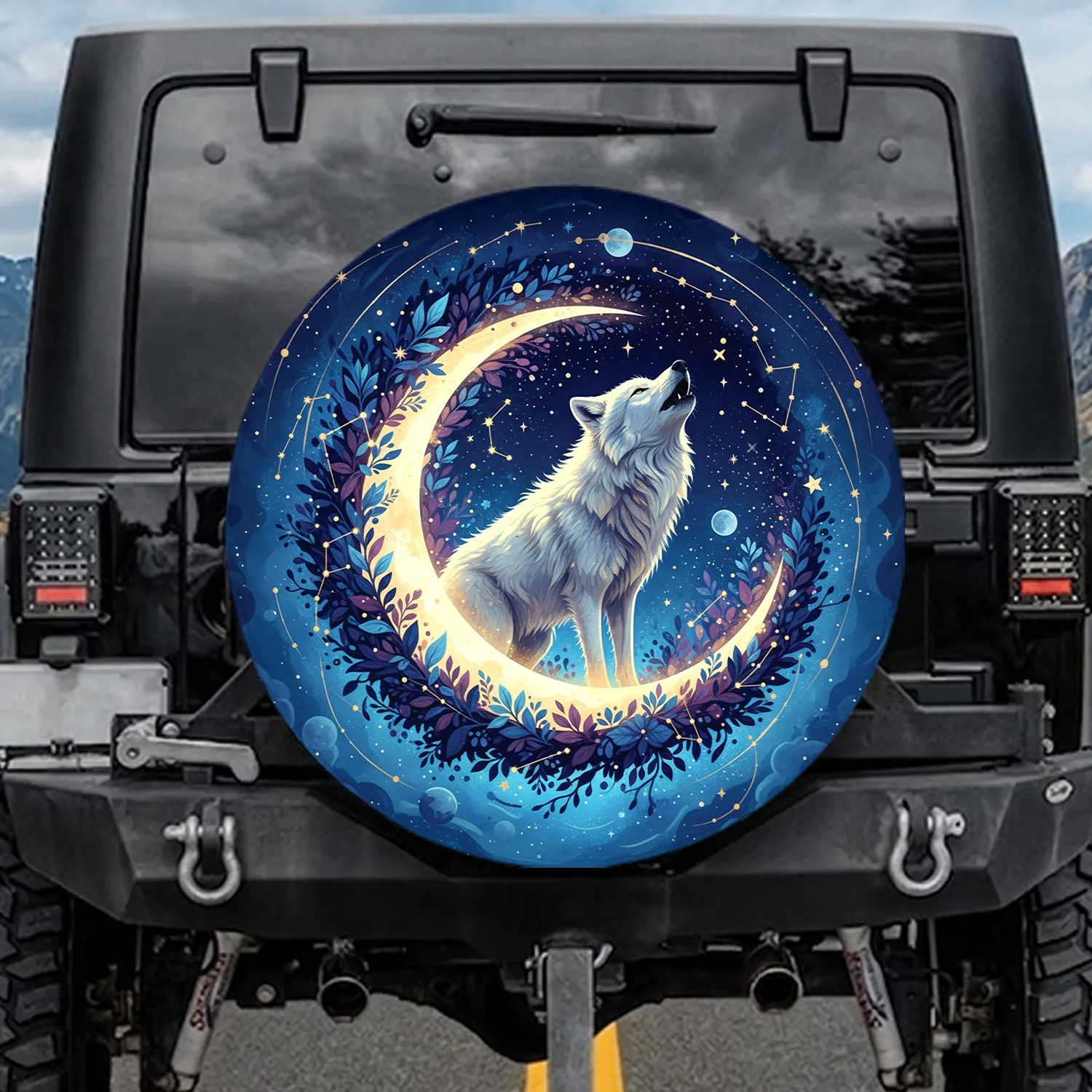 White Wolf Golden Moon Celestial Night Sky - Wildlife Lover Gift Spare Tire Cover - 1