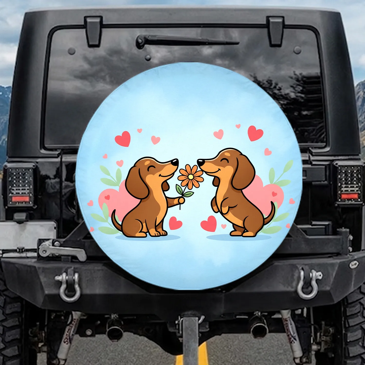 Dachshunds Orange Flower Hearts Leaves - Dog Lover Outdoor Gift Spare Tire Cover - 1
