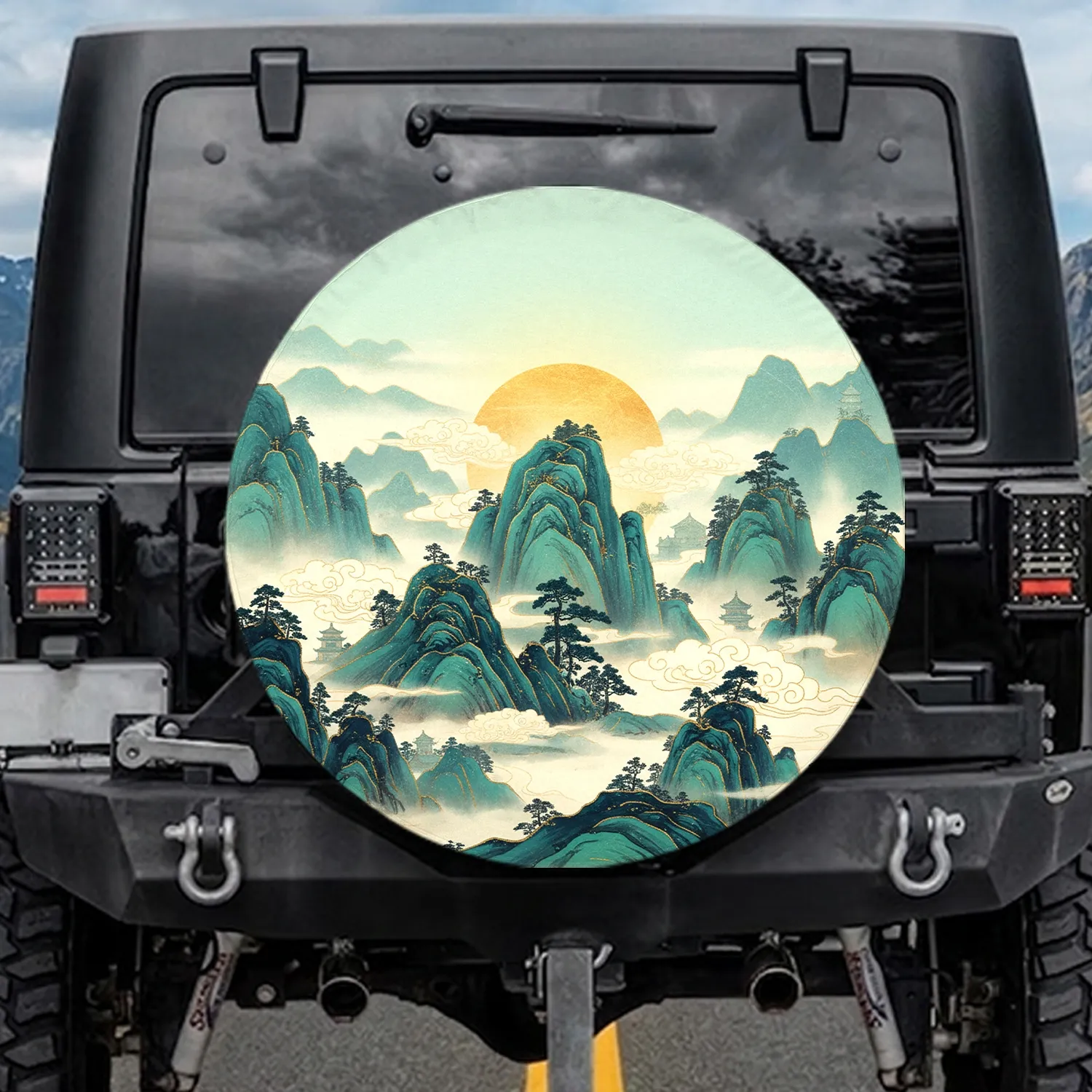 Golden Sun Layered Mountain Pine Pagoda Temple - Vehicle Travel Essential Gift Spare Tire Cover - 1