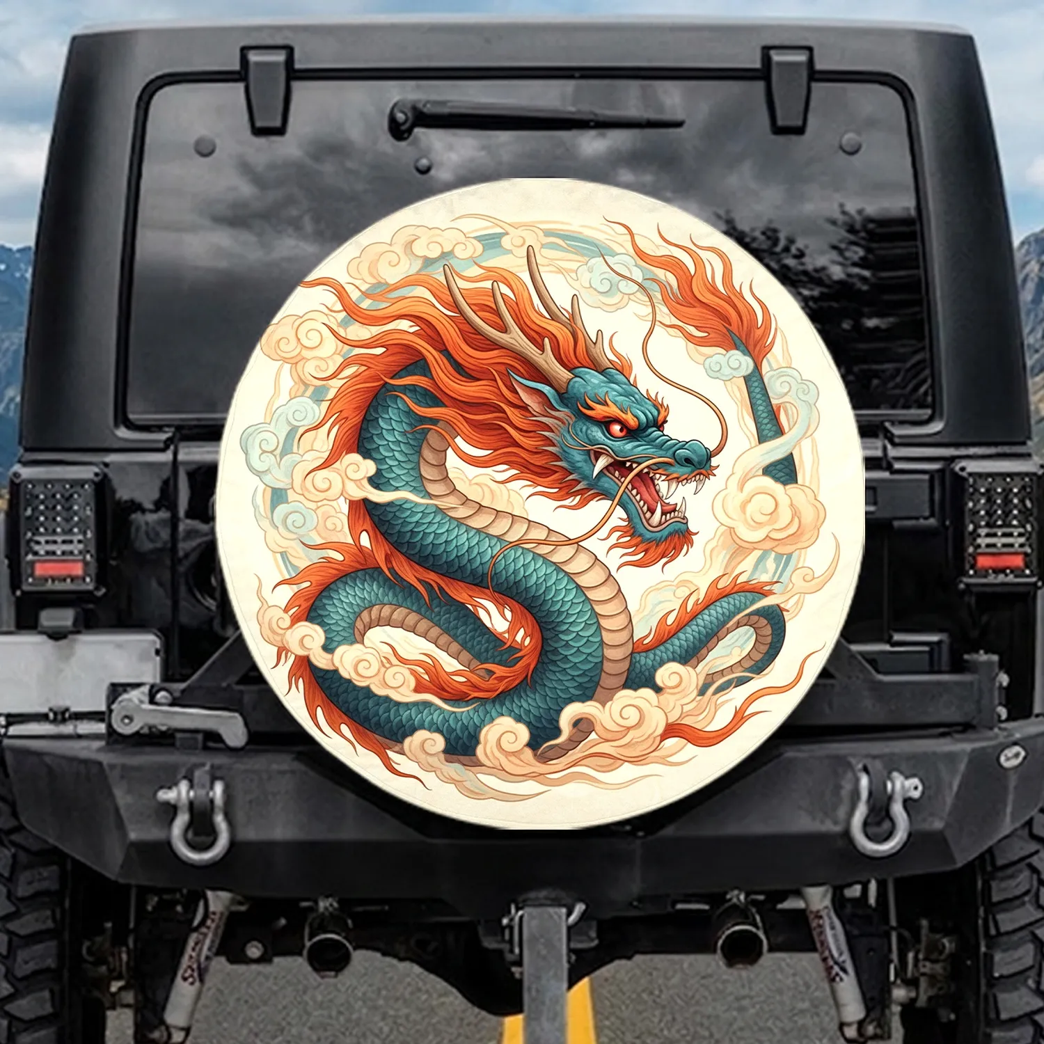 Chinese Dragon Fiery Mane Horns Scales Swirling Clouds - Dragon Lover Gift Spare Tire Cover - 1