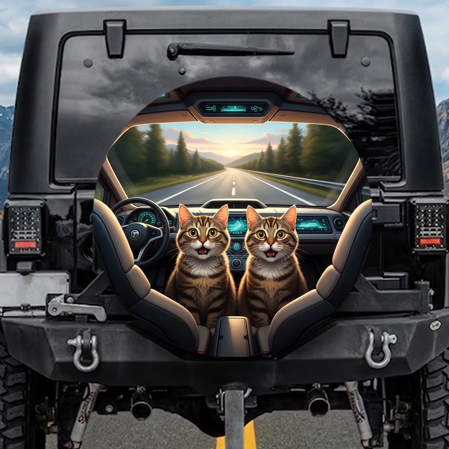 Surprised Tabby Cats Car Interior - Road Trip Cat Lover Gift Spare Tire Cover - 1