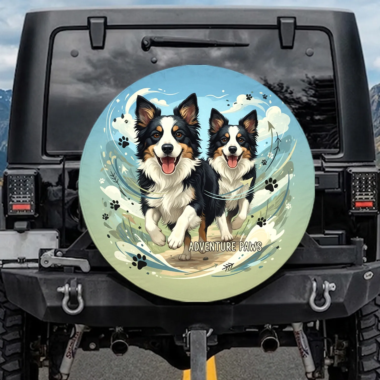 Border Collies Paw Prints Road Trip Clouds - Dog Lover Gift Spare Tire Cover - 1