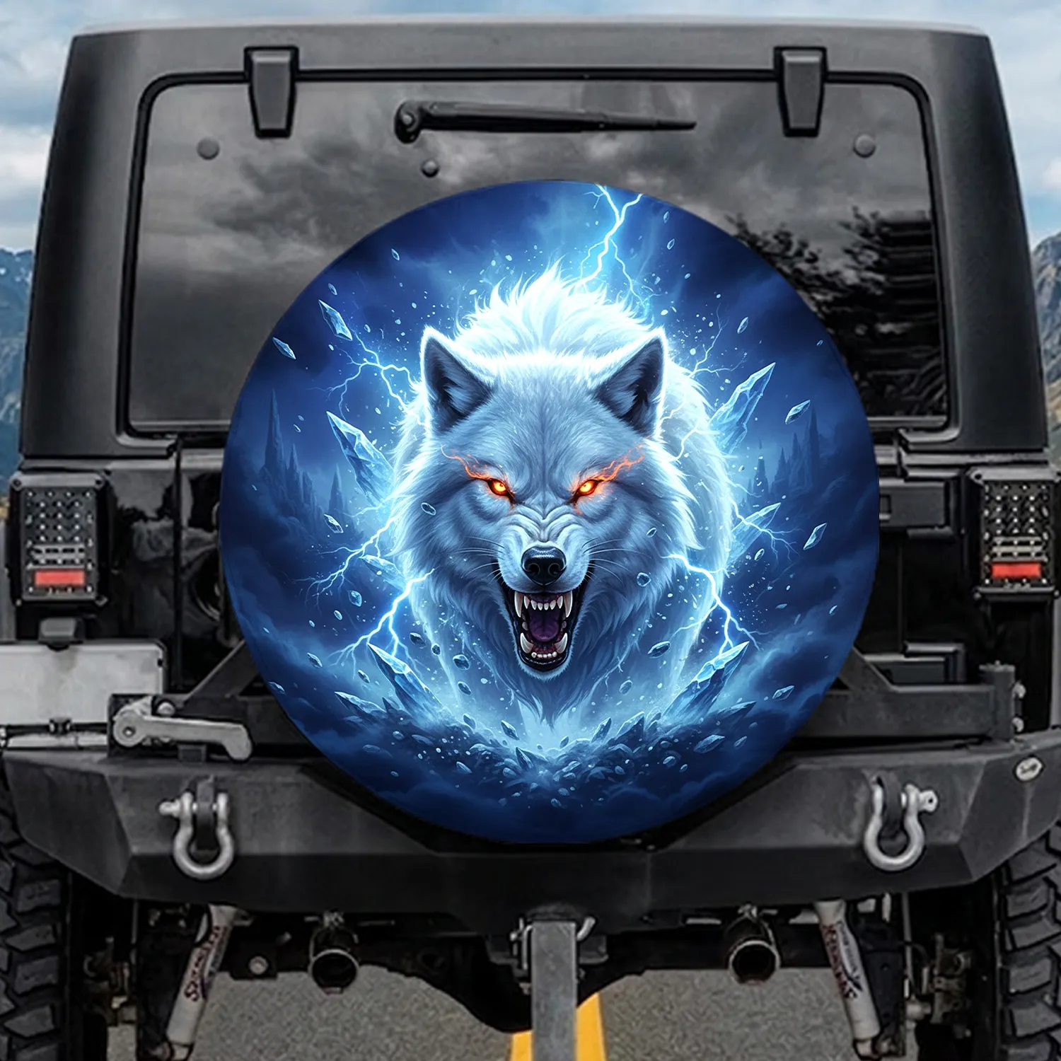 White Dire Wolf Lightning Ice Storm - Wildlife Lover Gift for Fantasy Art Collector Spare Tire Cover - 1
