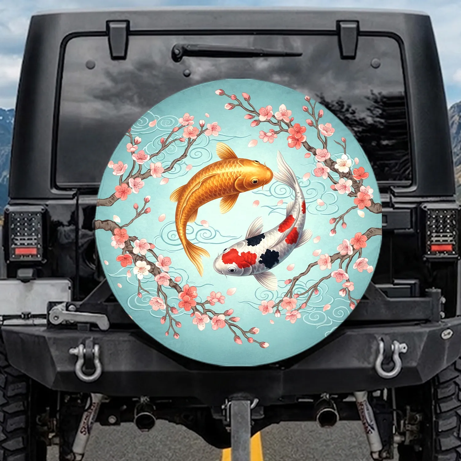 Golden Orange White Koi Fish Yin Yang Cherry Blossoms Asian Cloud - Wildlife Lover Gift Spare Tire Cover - 1