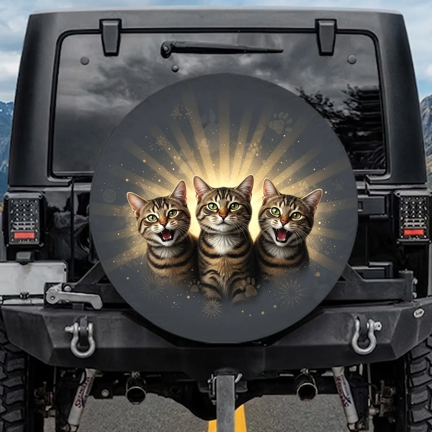 Playful Vocal Expressive Tabby Cat Trio Warm Glow Slate Gray - Cat Lover Gift Spare Tire Cover - 1