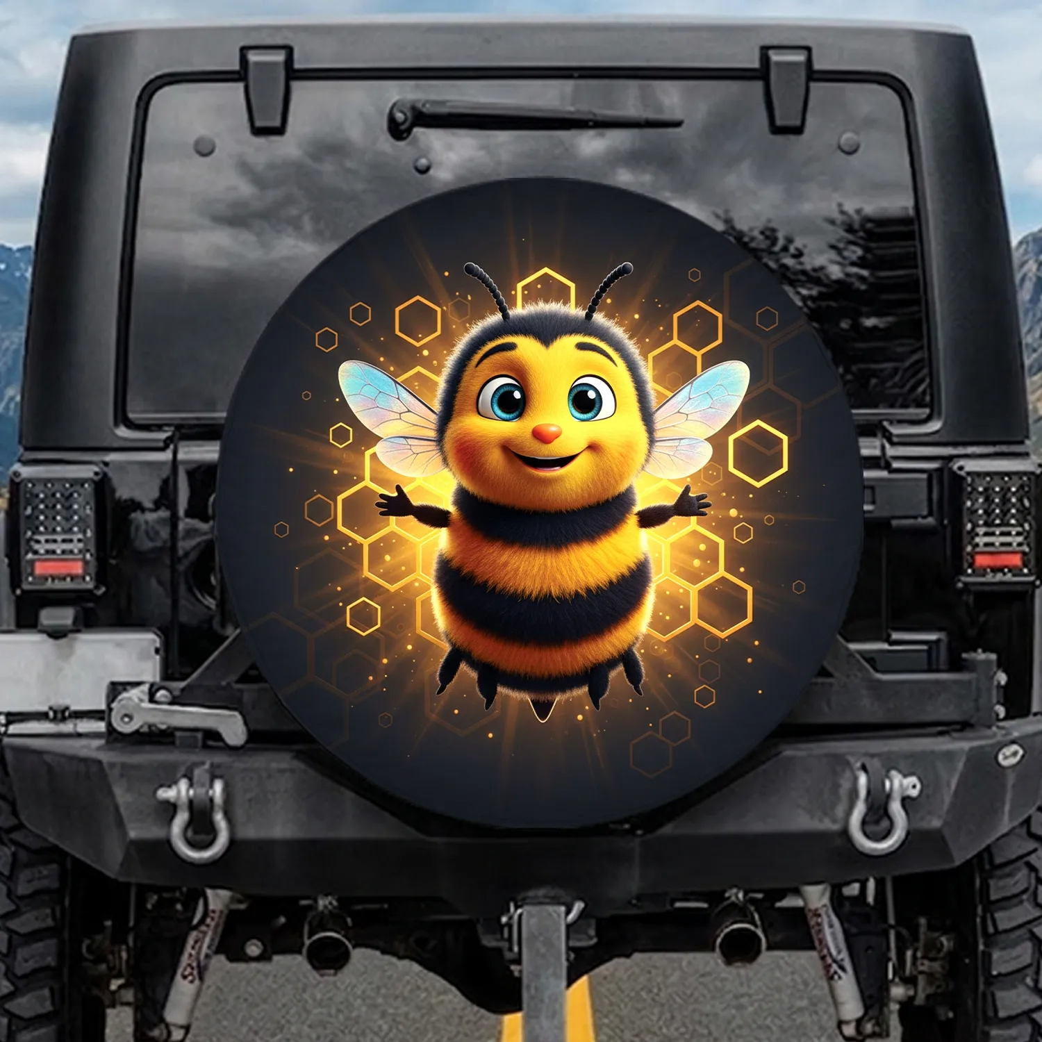 Bee Character Honeycomb Blue Eyes Smile - Home Decor Gift for Bee Lover Spare Tire Cover - 1