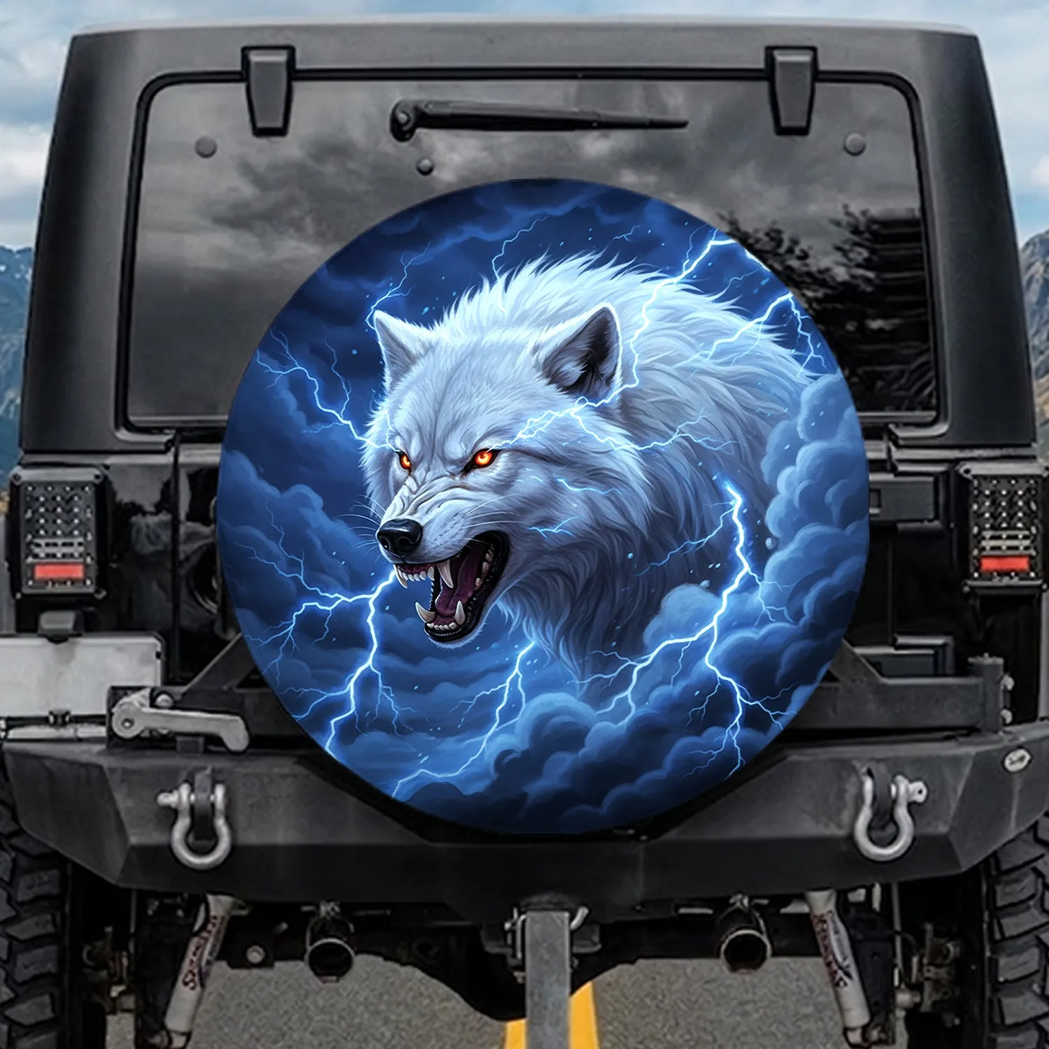 White Wolf Snarl Thick Fur Orange Eyes Blue Lightning Icy Mist Stormy Sky - Wildlife Lover Gift Spare Tire Cover - 1