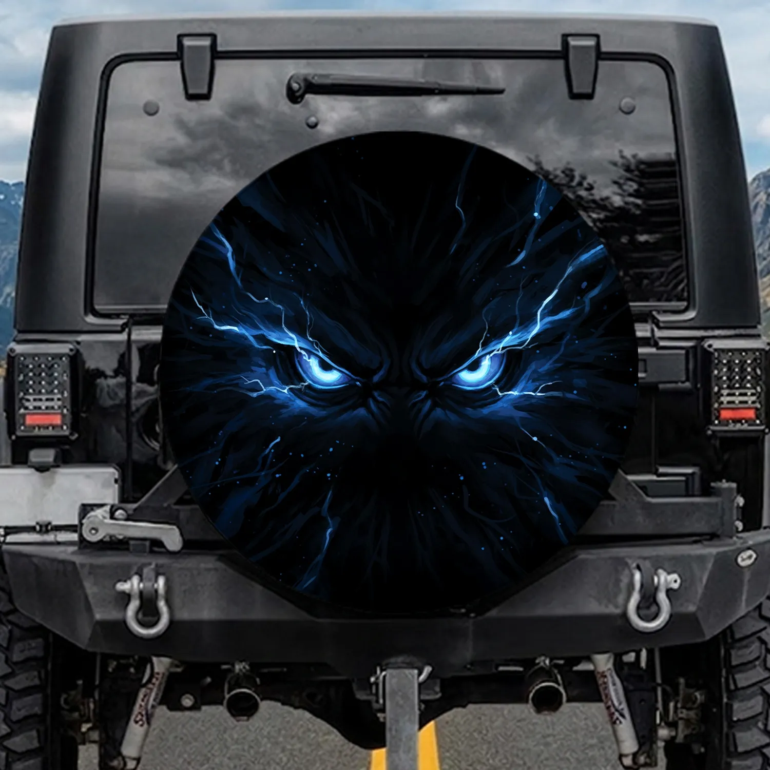 Intensely Glowing Electric Blue Eyes Shadowy Presence - Adventure Lover Gift Spare Tire Cover - 1