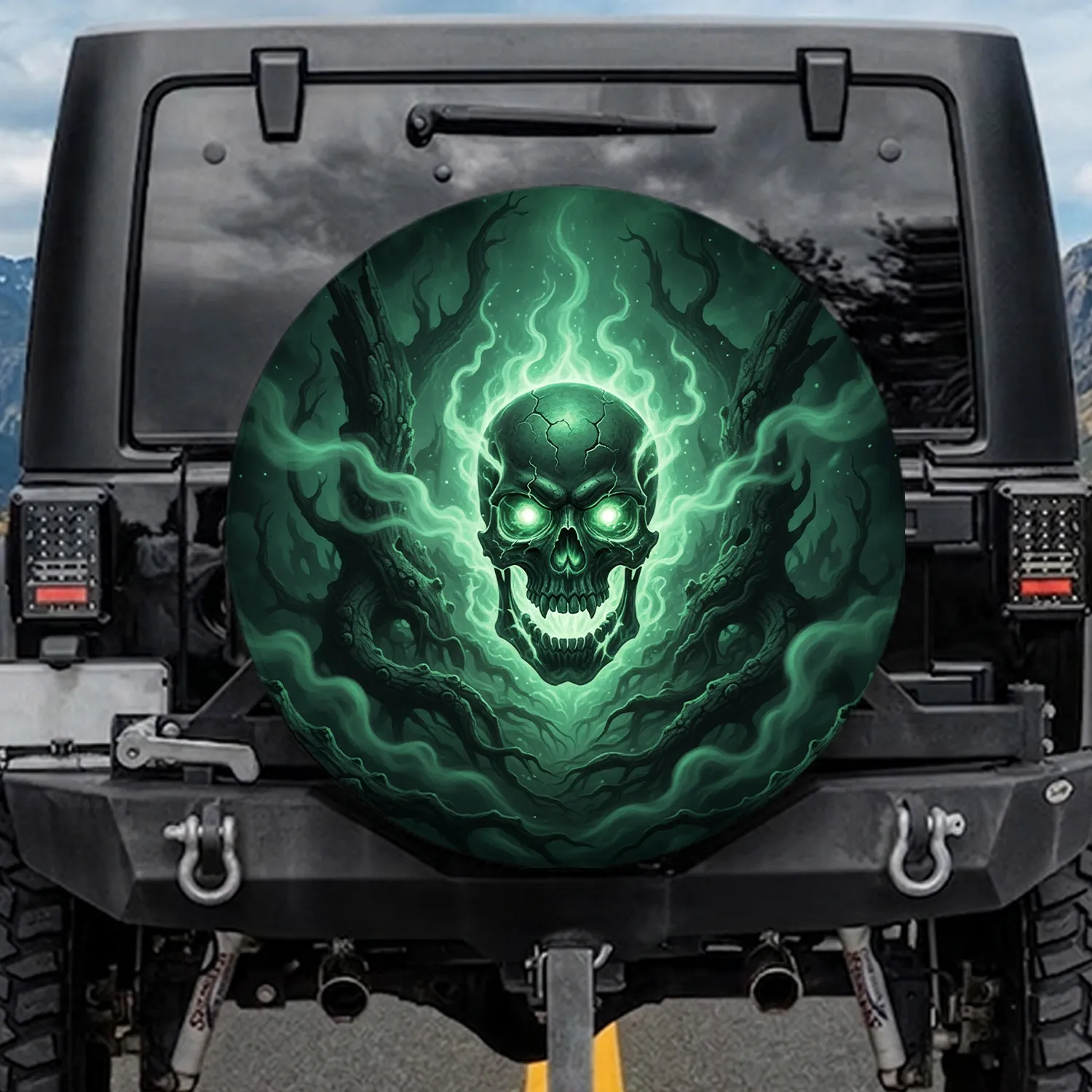 Cracked Skull Electric Green Light - Shadowy Supernatural Decor Gift Spare Tire Cover - 1
